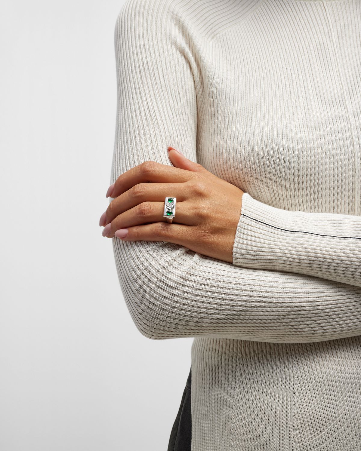 NM Estate Estate 14k White Gold Diamond and Emerald Ring, Size 5.25