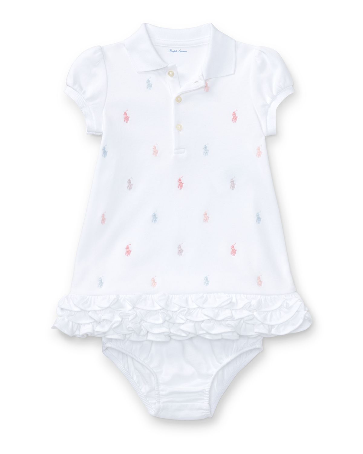 Polo Ralph Lauren Logo Embroidery Ruffle Hem Polo Dress With Bloomers, Size 6M-24M