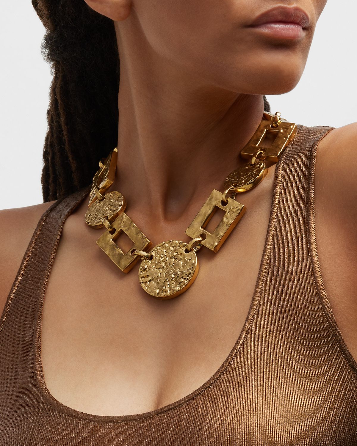 Ben-Amun 24k Gold Electroplated Textured Statement Round And Rectangular Necklace
