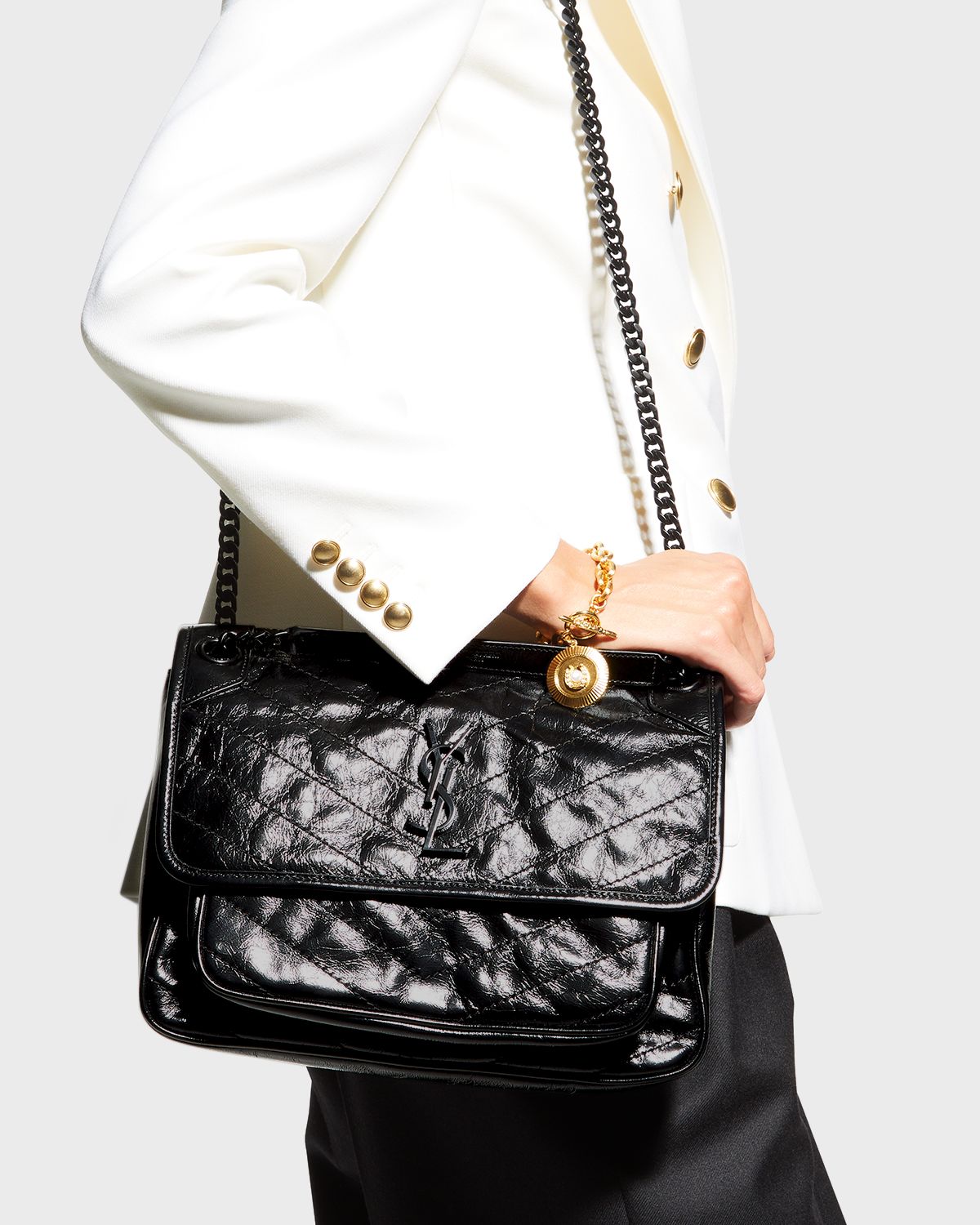Saint Laurent Niki Medium Flap YSL Shoulder Bag in Crinkled Leather