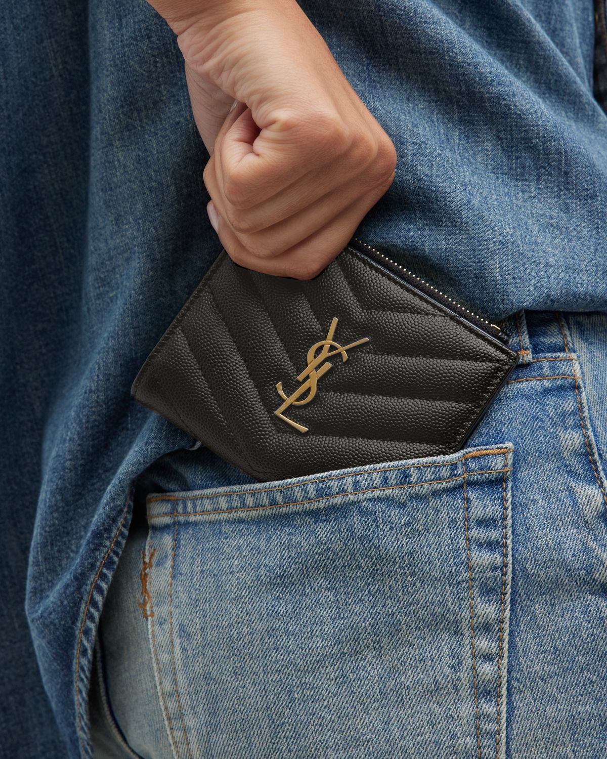 Saint Laurent YSL Monogram Small Ziptop Wallet in Grained Leather