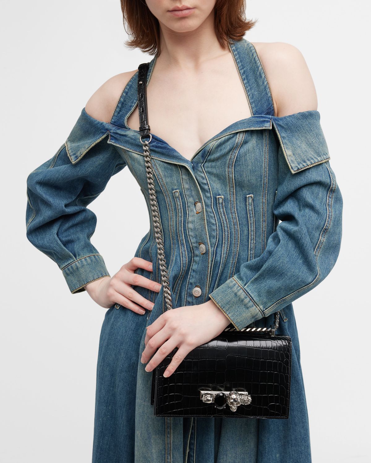 McQueen Shiny Croc-Embossed Jeweled Shoulder Bag