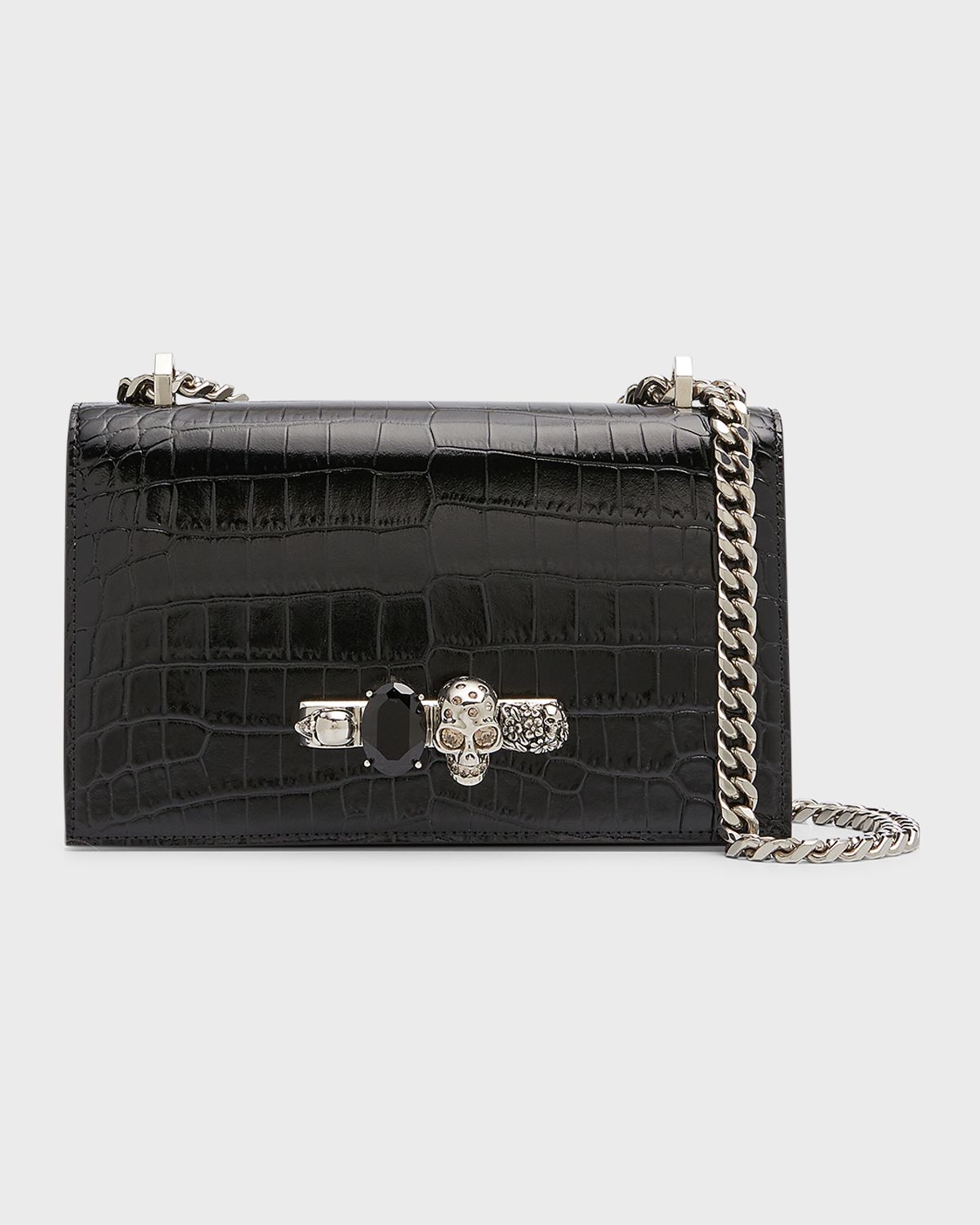 McQueen Shiny Croc-Embossed Jeweled Shoulder Bag