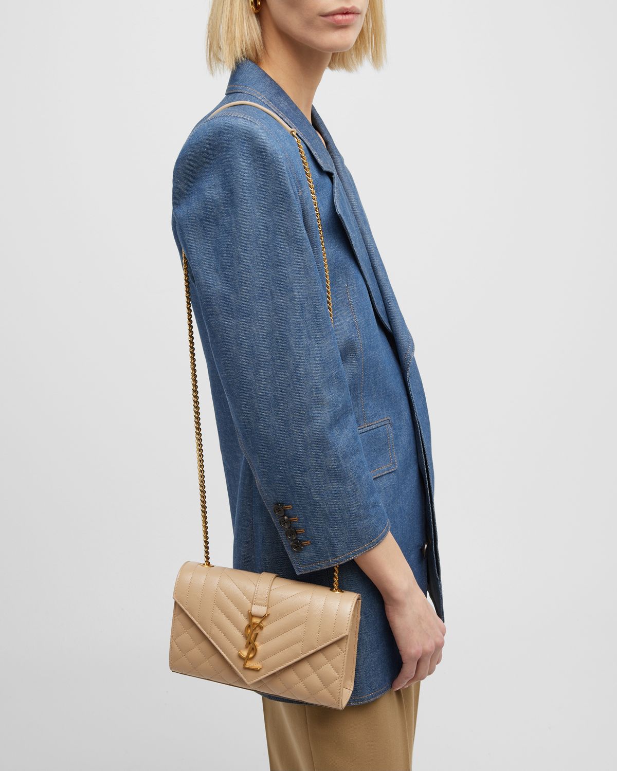 Saint Laurent Envelope Triquilt Small YSL Shoulder Bag in Grained Leather | Thumbnail 8