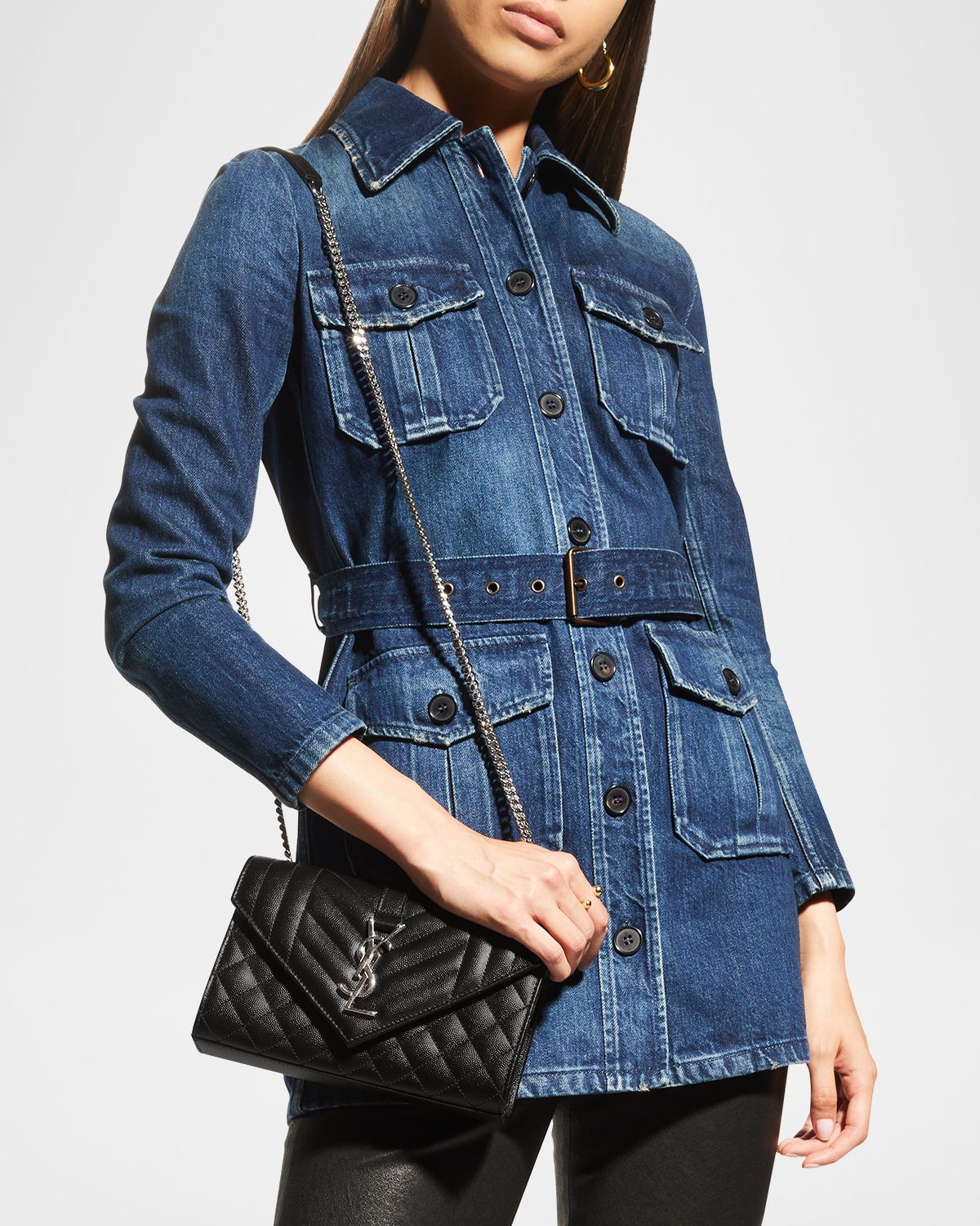 Saint Laurent Envelope Triquilt Small YSL Shoulder Bag in Grained Leather