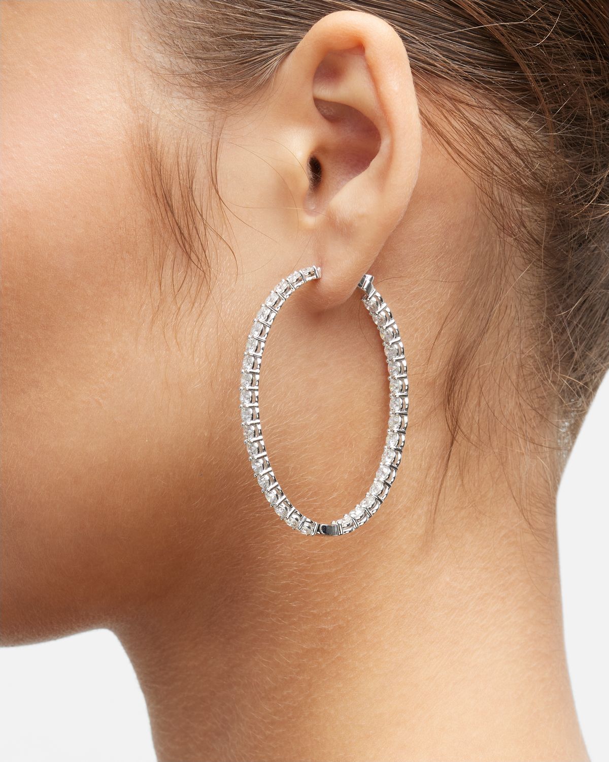 Neiman Marcus Diamonds 18K White Gold Oval 2" Diamond Hoop Earrings, 10.20tcw, 2"L