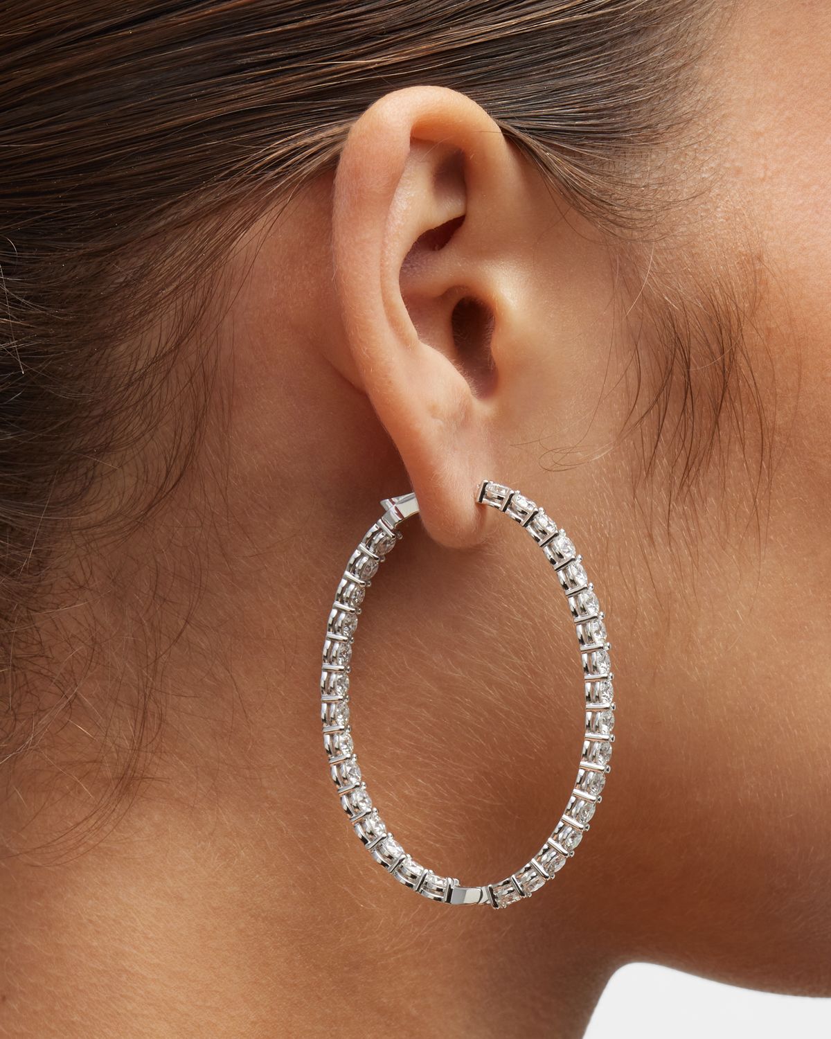Neiman Marcus Diamonds 18K 2" White Gold Diamond Oval-Hoop Earrings, 12.71tcw