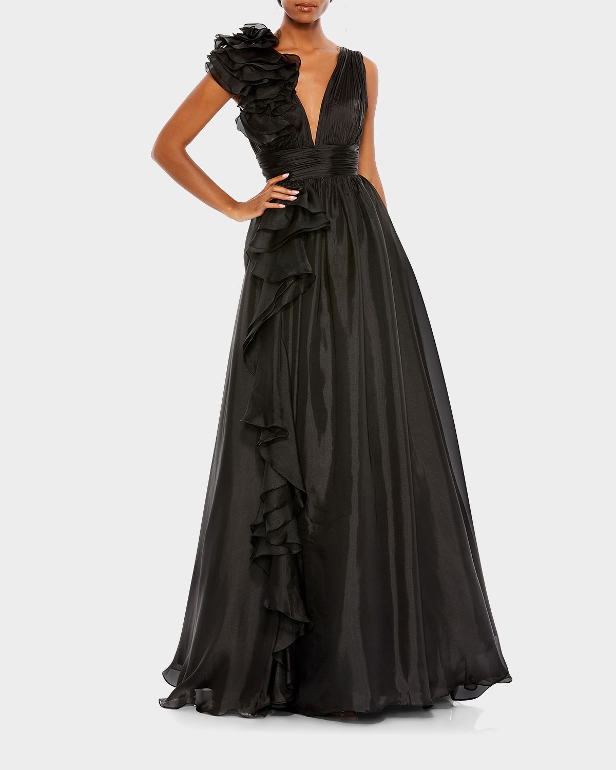 Mac Duggal Sleeveless Deep V-Neck Ruffle Gown