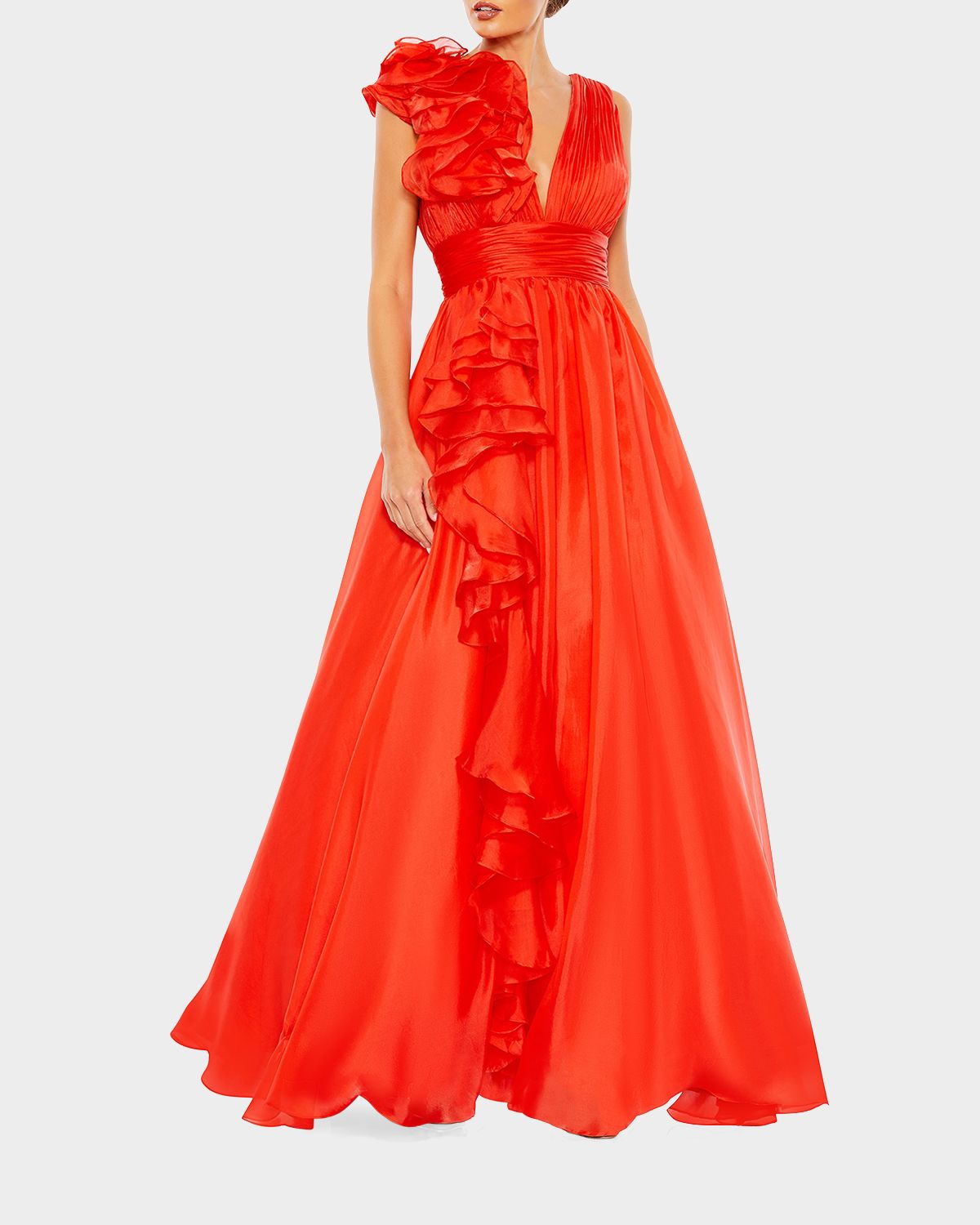 Mac Duggal Ruffle Deep V-Neck Chiffon Gown