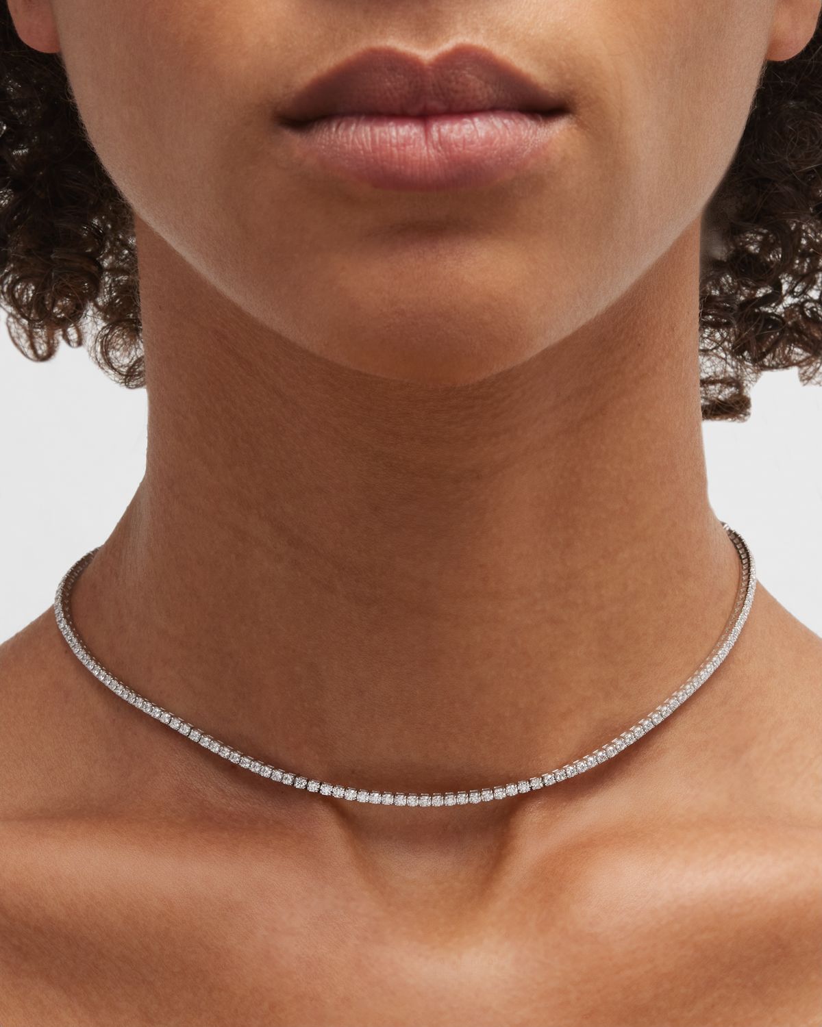 Neiman Marcus Diamonds 18K White Gold Half-Diamond Half-Chain Necklace, 16"L, 2.85tcw