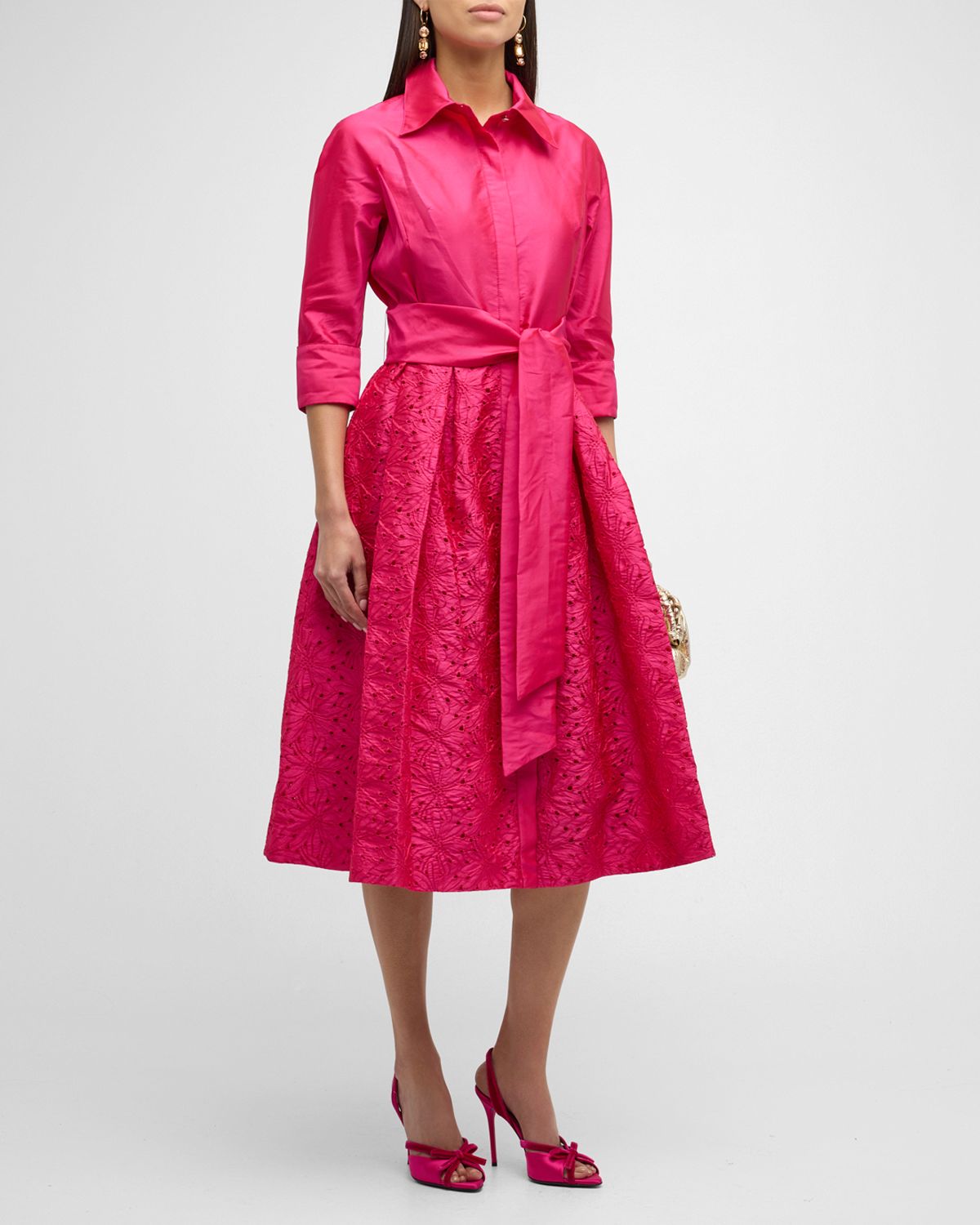 Rickie Freeman for Teri Jon Taffeta Shirt Dress w/ Eyelet Skirt