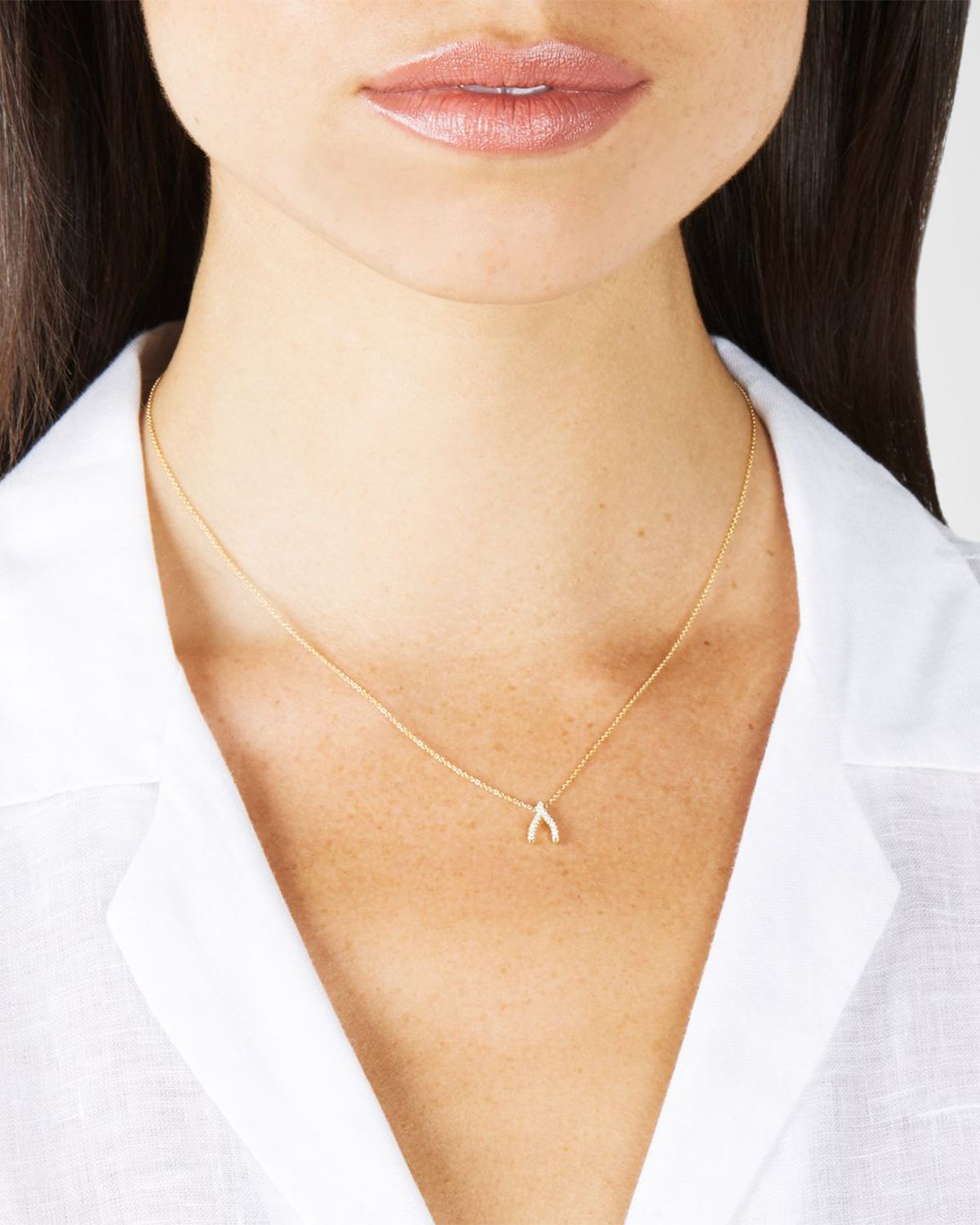 Jennifer Meyer Diamond Mini Wishbone Necklace 18K Yellow Gold