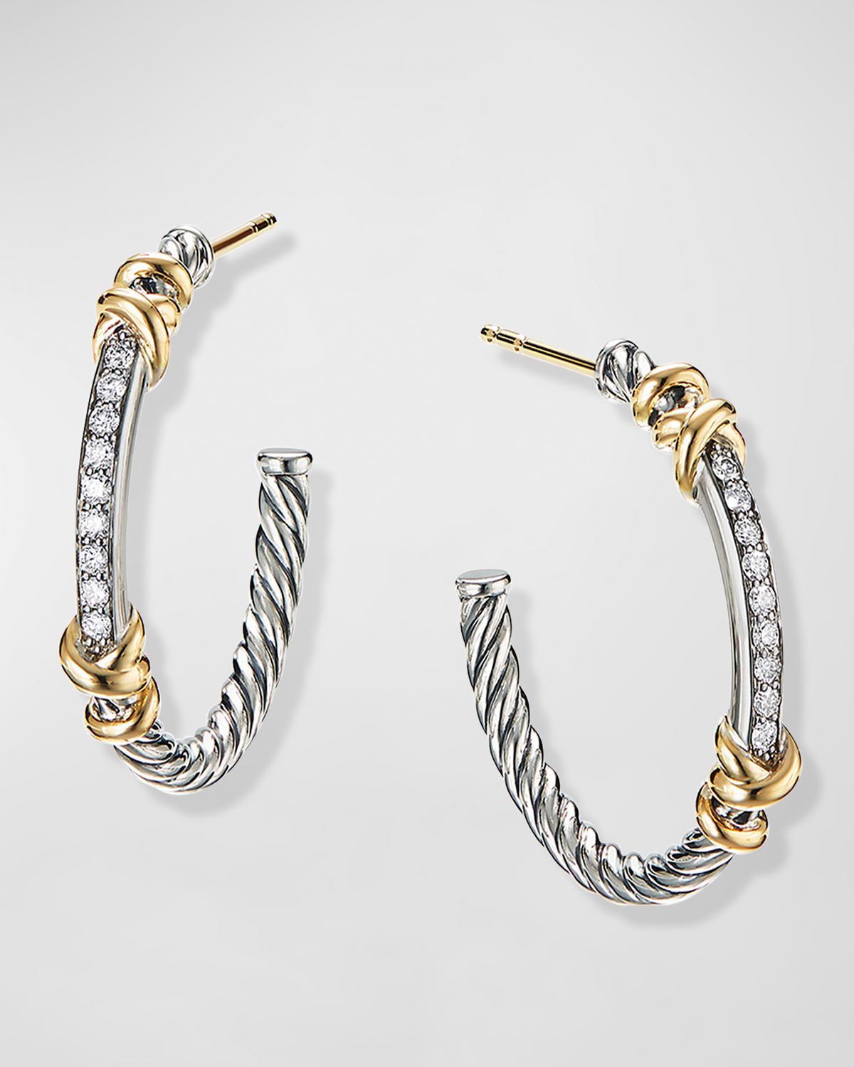 David Yurman Petite Helena Hoop Earrings with 18K Gold and Diamonds in Silver, 1"