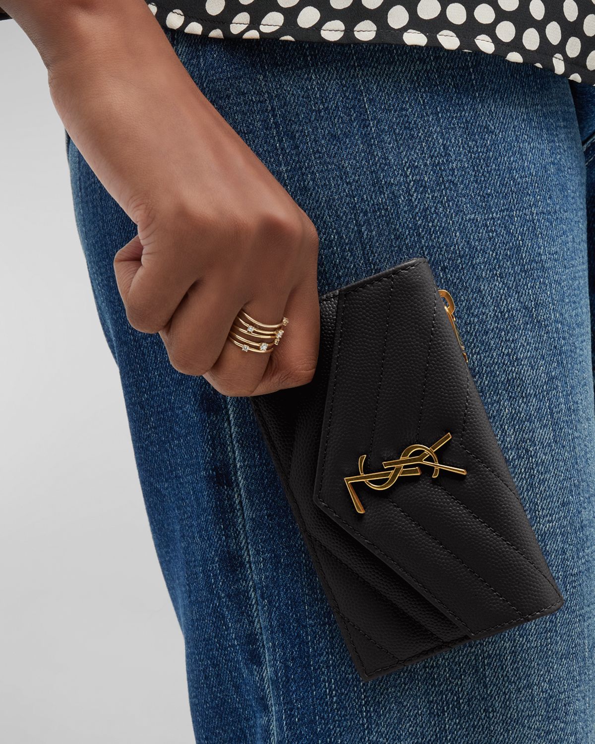 Saint Laurent YSL Monogram Flap Card Case in Grained Leather