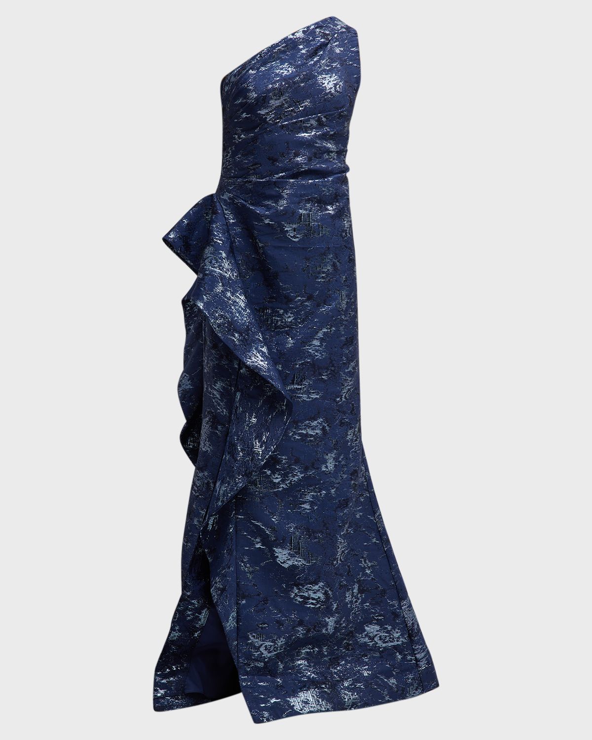 Rickie Freeman for Teri Jon Metallic Jacquard One-Shoulder Side-Ruffle Gown | Thumbnail 8