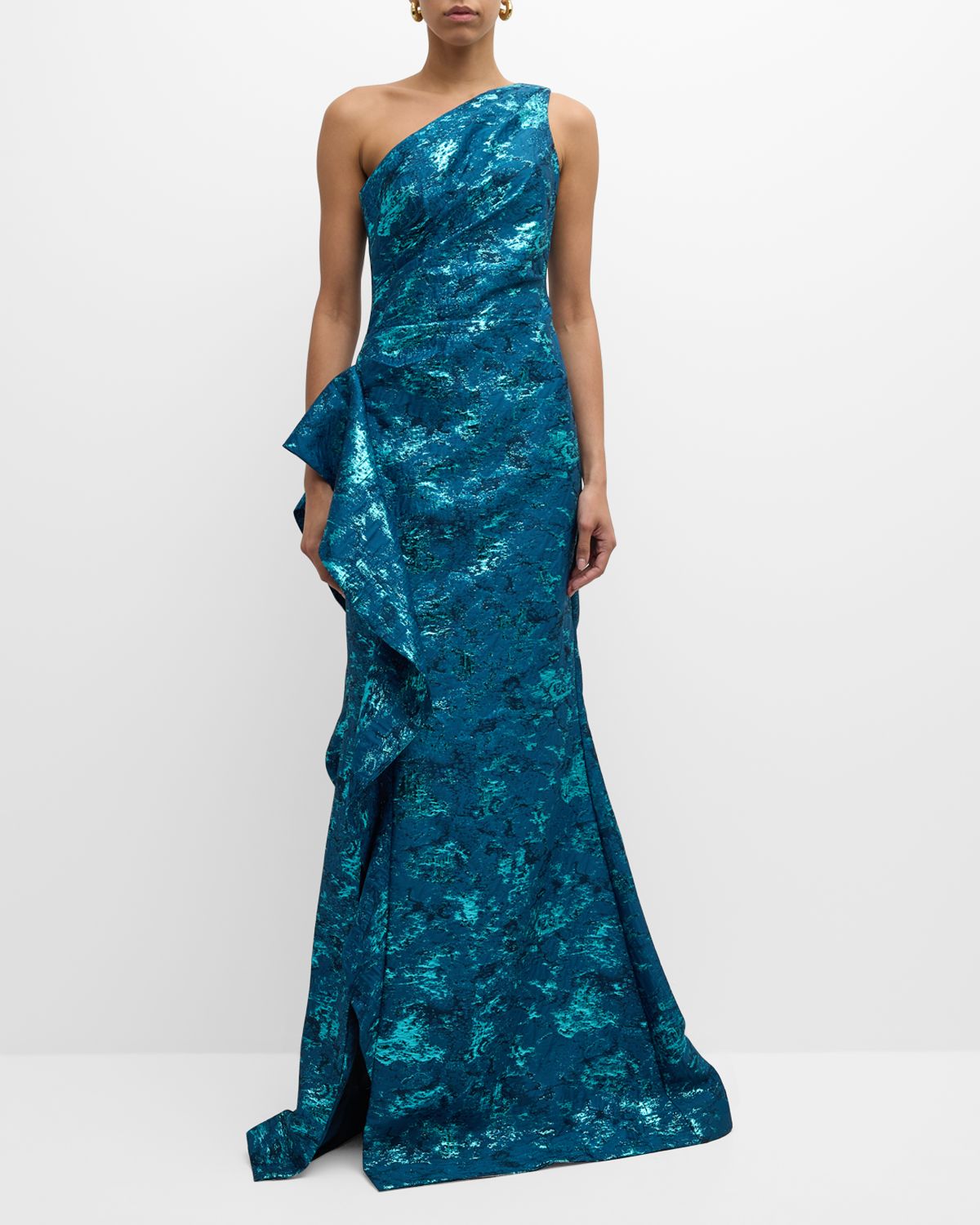 Rickie Freeman for Teri Jon Metallic Jacquard One-Shoulder Side-Ruffle Gown