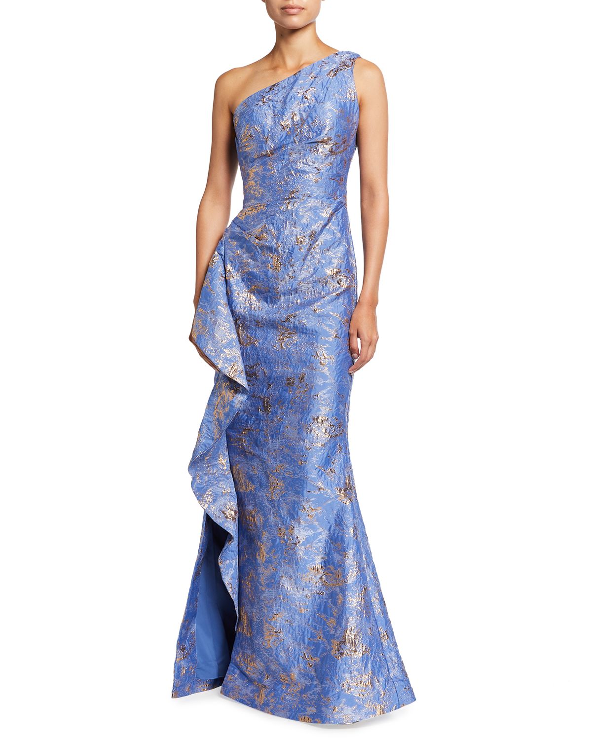 Rickie Freeman for Teri Jon Metallic Jacquard One-Shoulder Side-Ruffle Gown