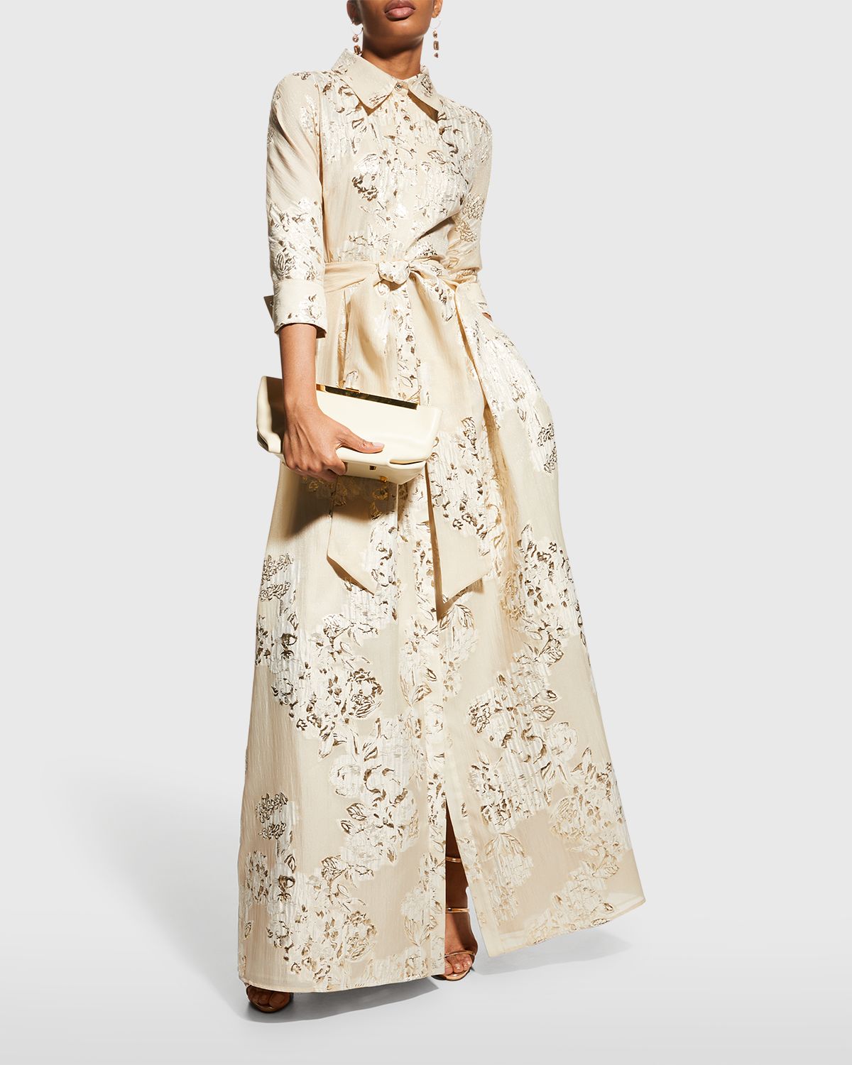 Rickie Freeman for Teri Jon Belted Jacquard Shirtdress Gown