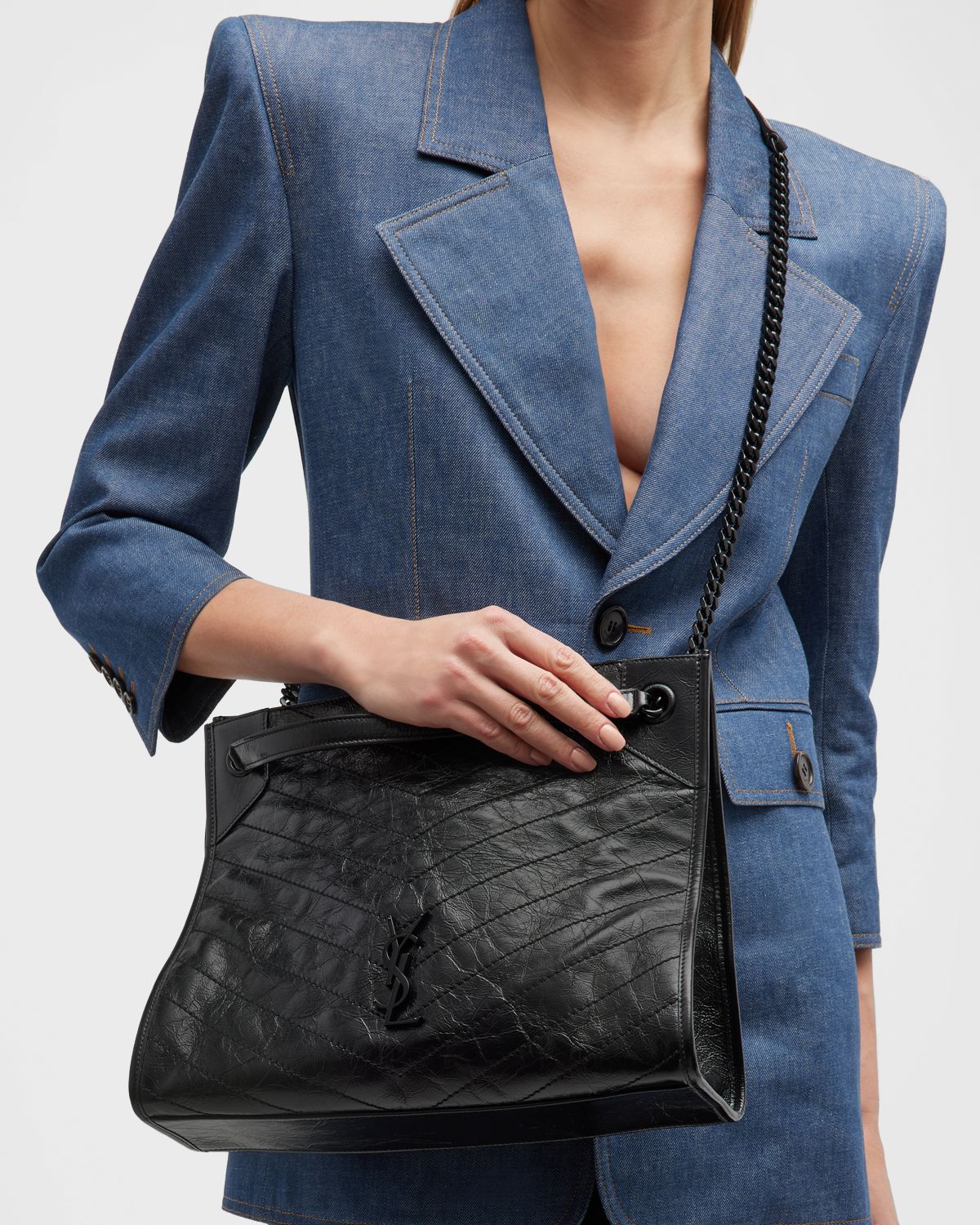 Saint Laurent Niki Medium YSL Shopper Tote Bag in Crinkled Leather