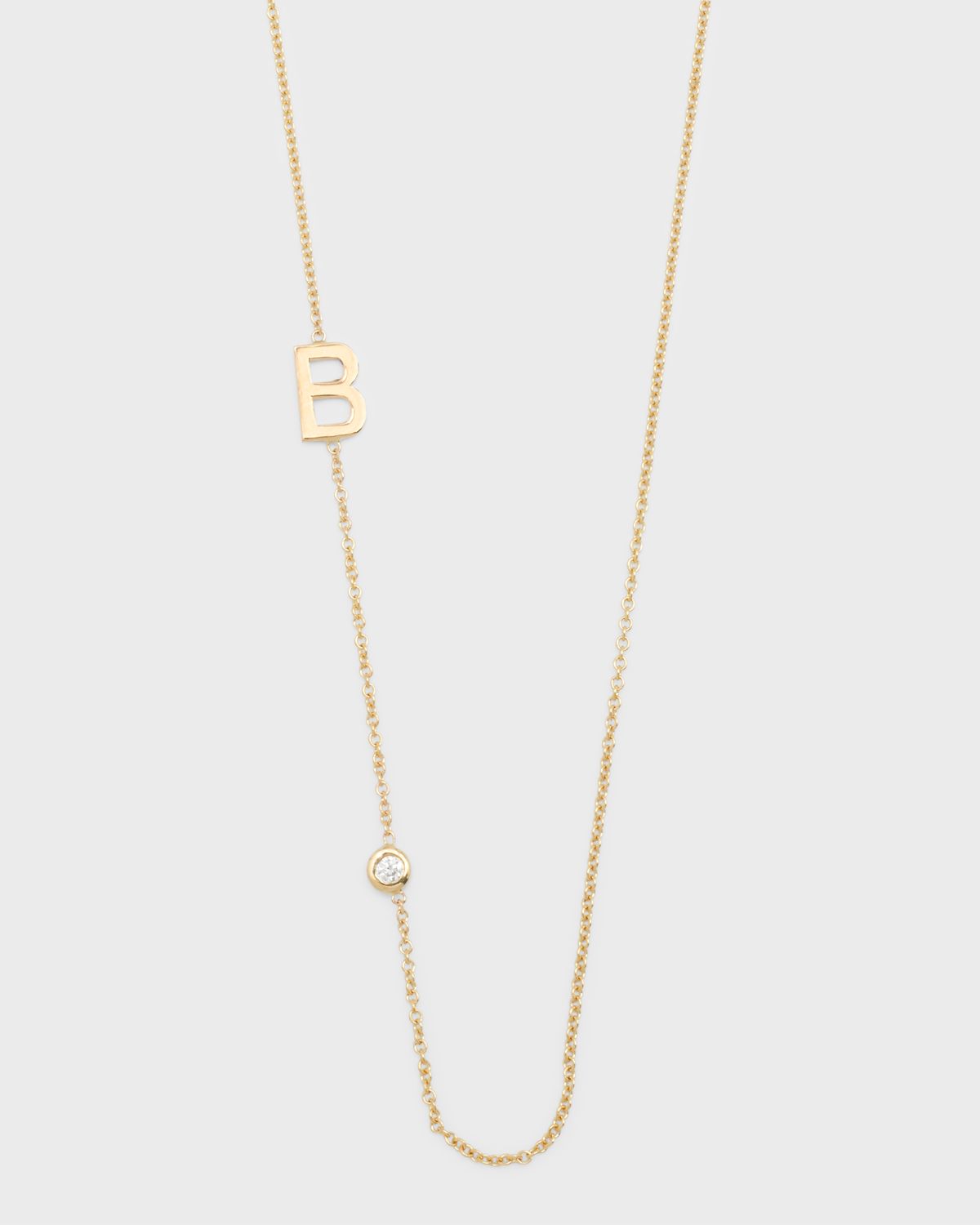 Zoe Lev Jewelry 14K Gold Asymmetrical Initial and Bezel Diamond Necklace