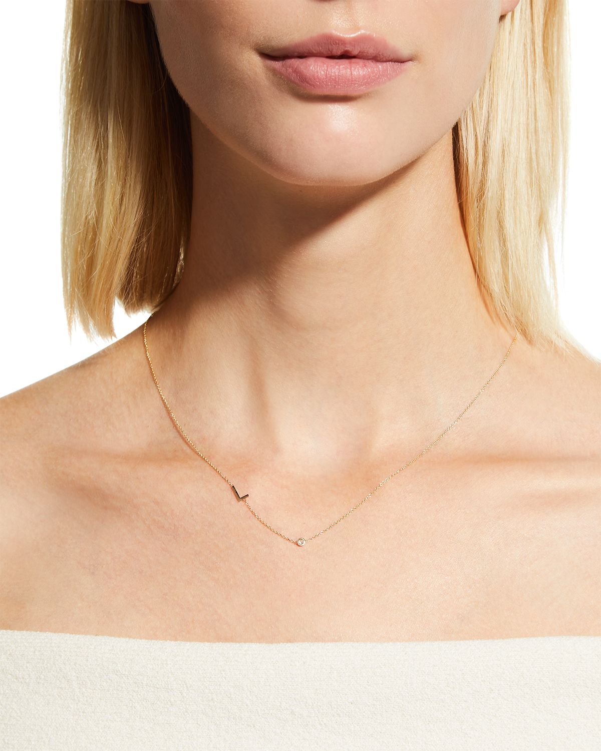 Zoe Lev Jewelry 14K Gold Asymmetrical Initial and Bezel Diamond Necklace