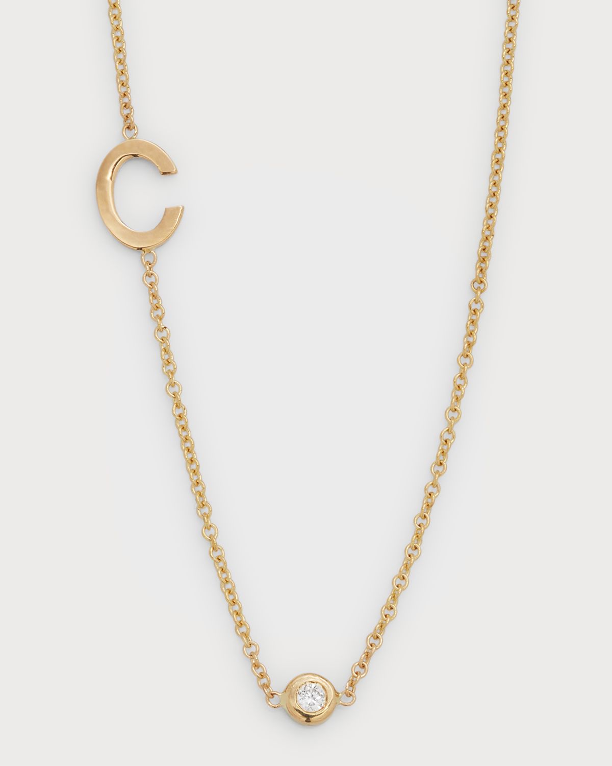Zoe Lev Jewelry 14K Gold Asymmetrical Initial and Bezel Diamond Necklace