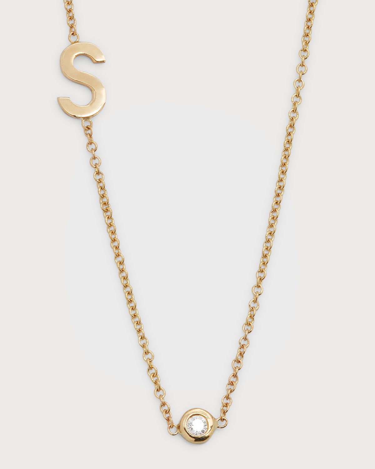 Zoe Lev Jewelry 14k Gold Asymmetrical Initial and Bezel Diamond Necklace