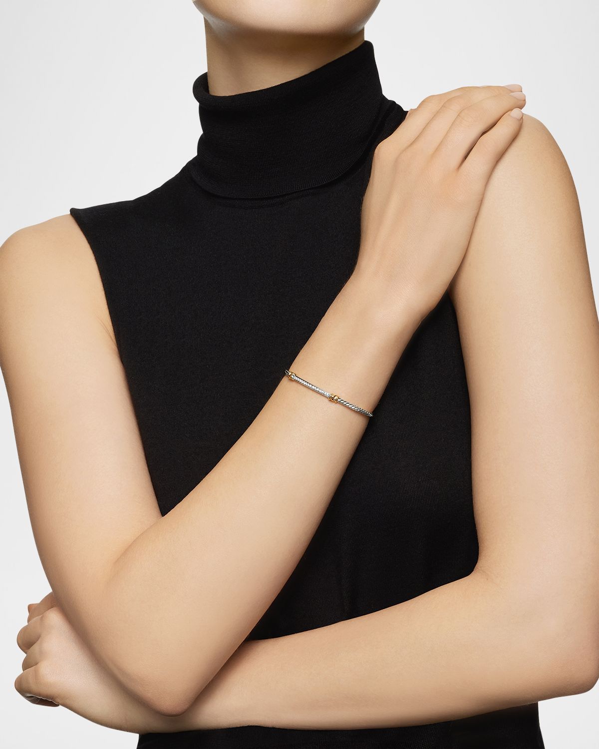 David Yurman Petite Helena Cable Station Bracelet with Diamonds in Silver and 18K Gold, 3mm