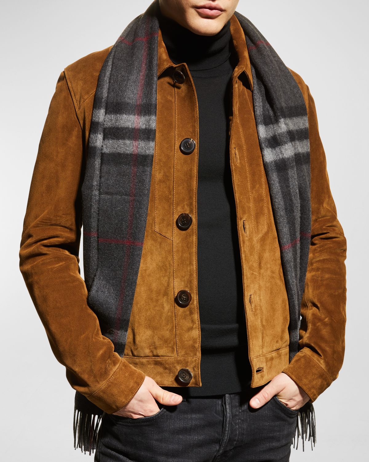 Burberry Men 's Classic Check Cashmere Fringe Scarf | Thumbnail 4 Burberry Men 's Classic Check Cashmere Fringe Scarf | Thumbnail 4