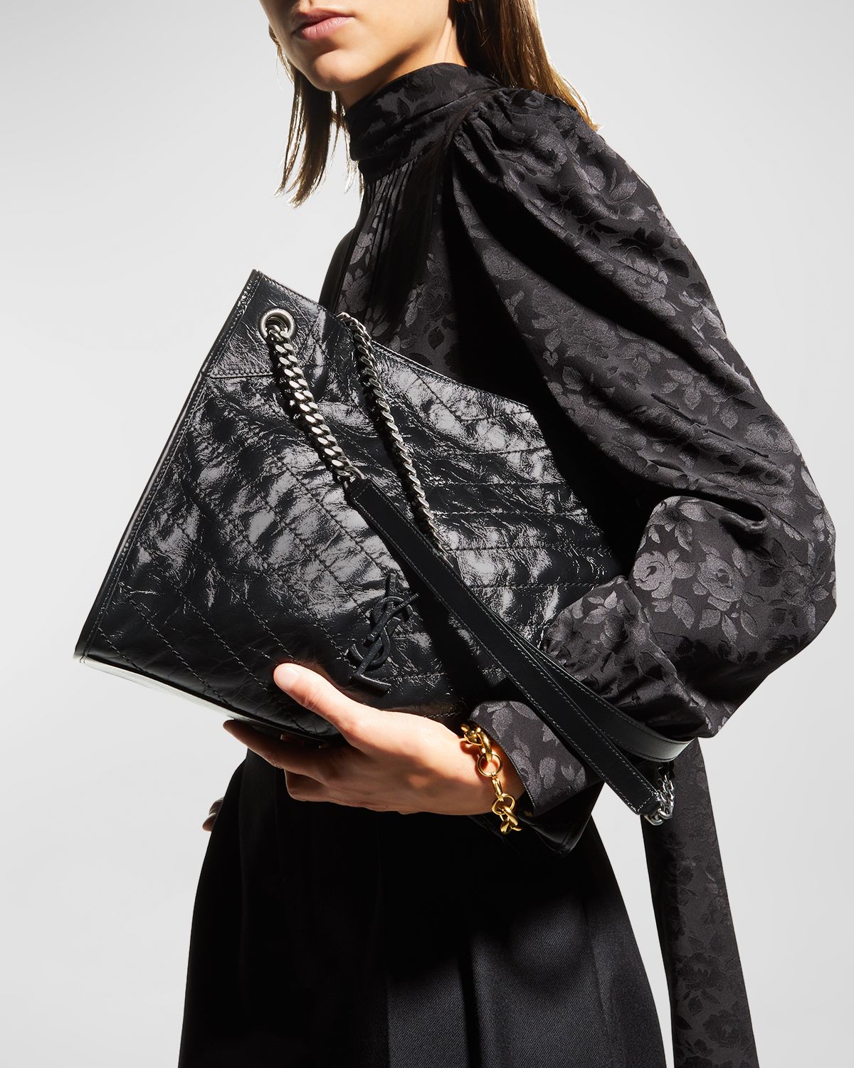 Saint Laurent Niki Medium YSL Shopper Tote Bag in Crinkled Leather