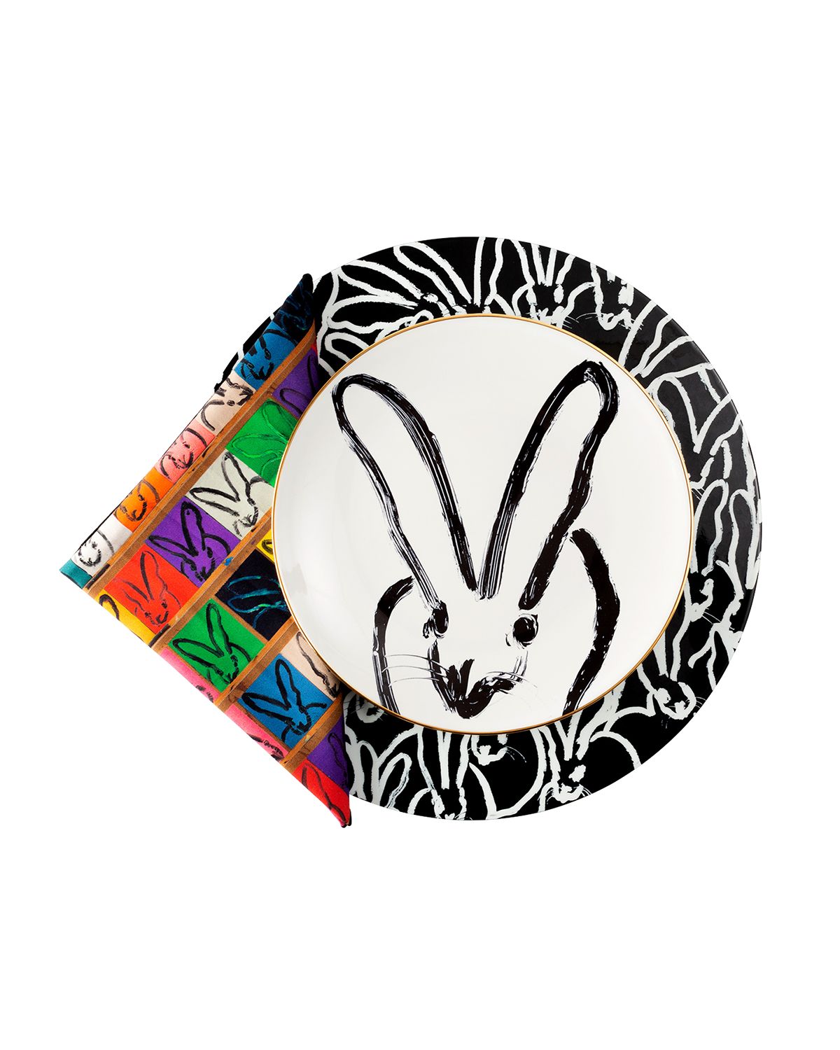 Hunt Slonem Rabbit Run Dinner Plate with Gold Rim - White