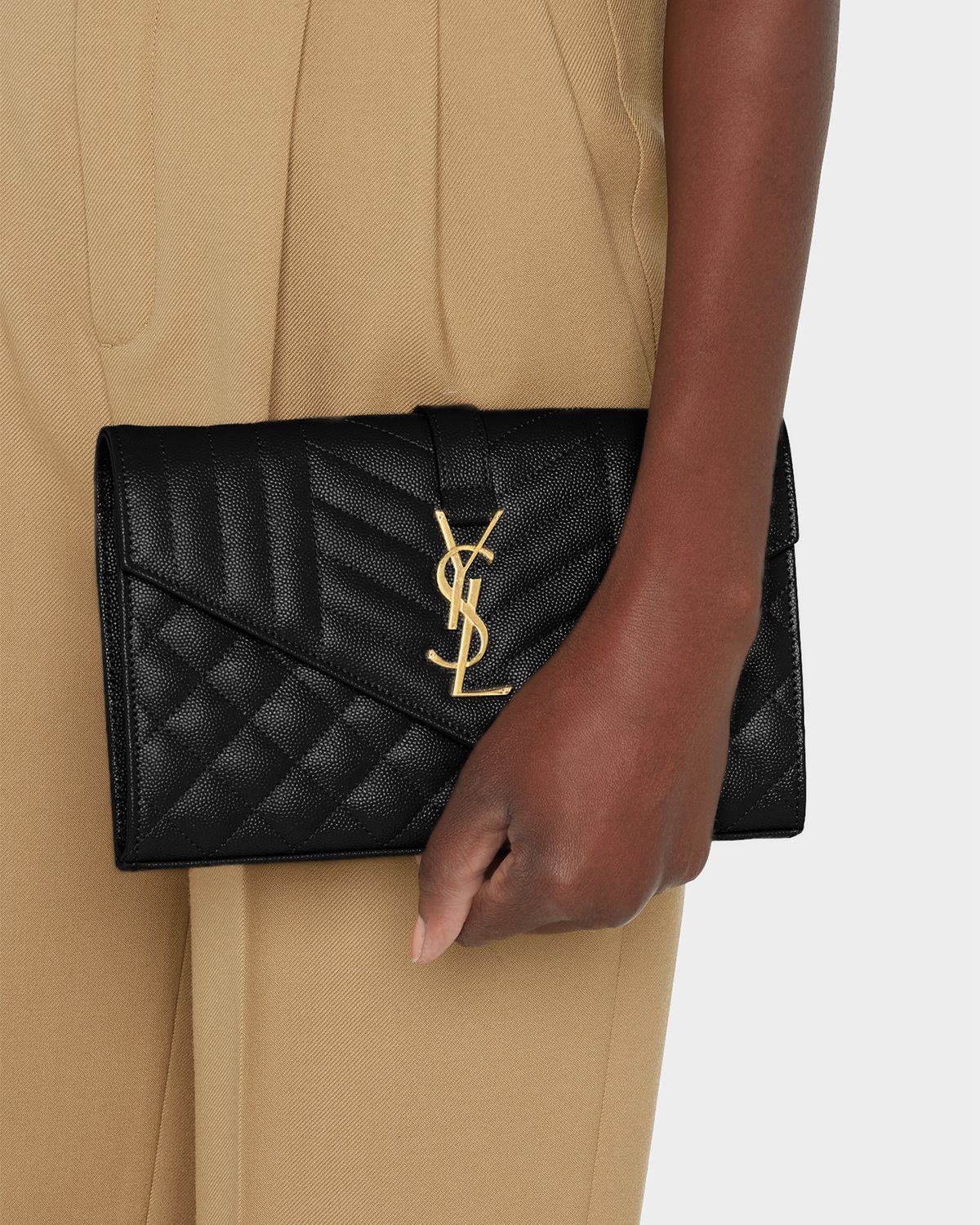 Saint Laurent Envelope Flap YSL Clutch Bag in Grained Leather