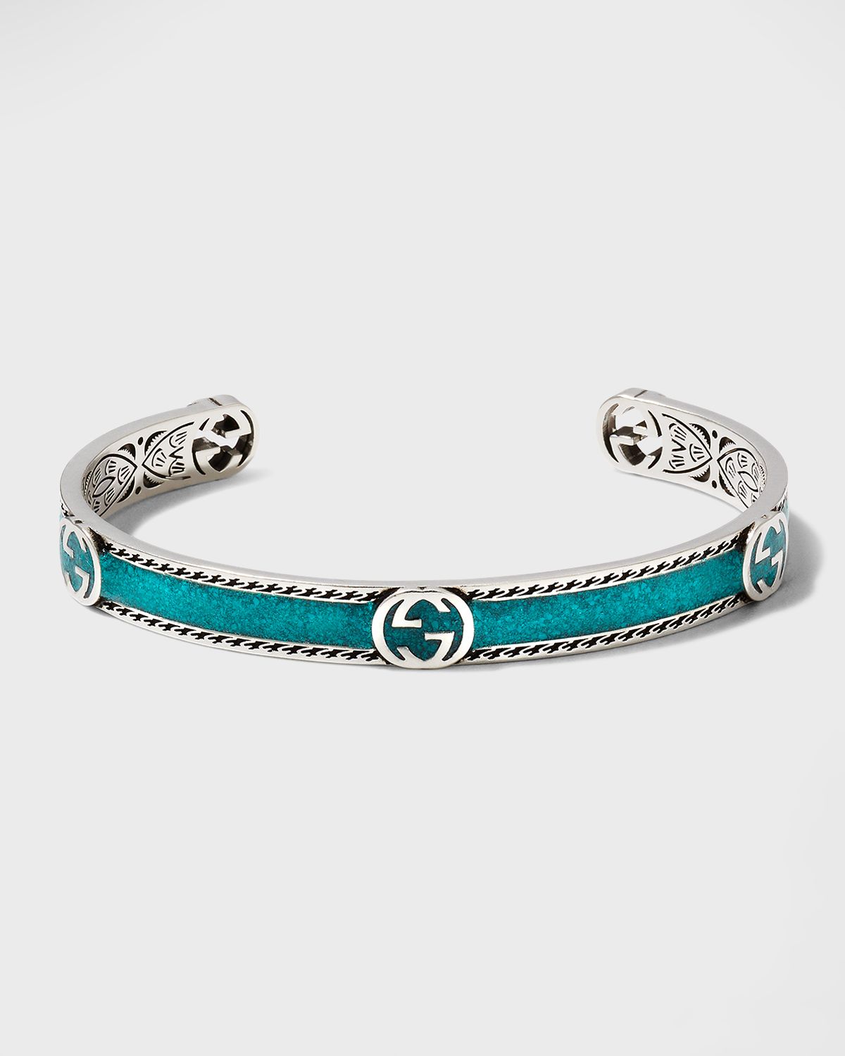 Gucci Men 's Interlocking G Silver & Enamel Cuff Bracelet, Size 7-7.5