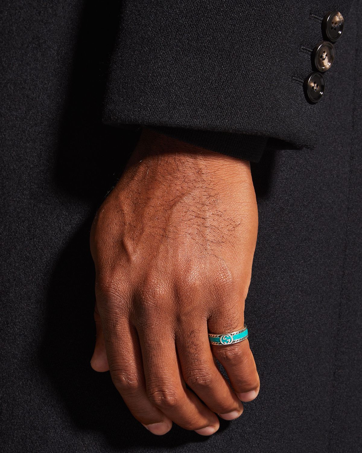 Gucci Men 's Interlocking G Silver & Enamel Band Ring