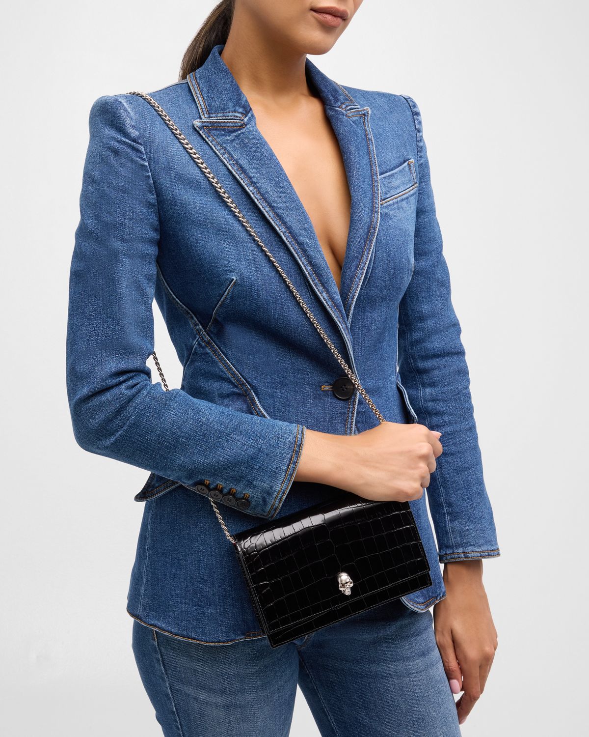 McQueen Mini Skull Croc-Embossed Crossbody Bag