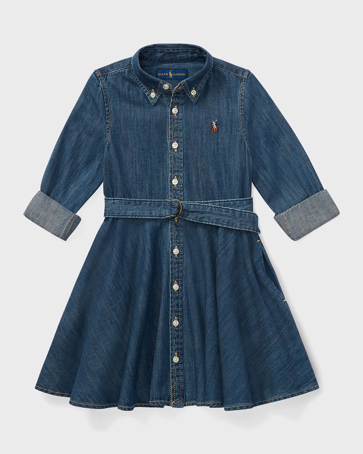 Polo Ralph Lauren Girl 's Belted Fit-and-Flare Denim Shirtdress, Size 2-6X