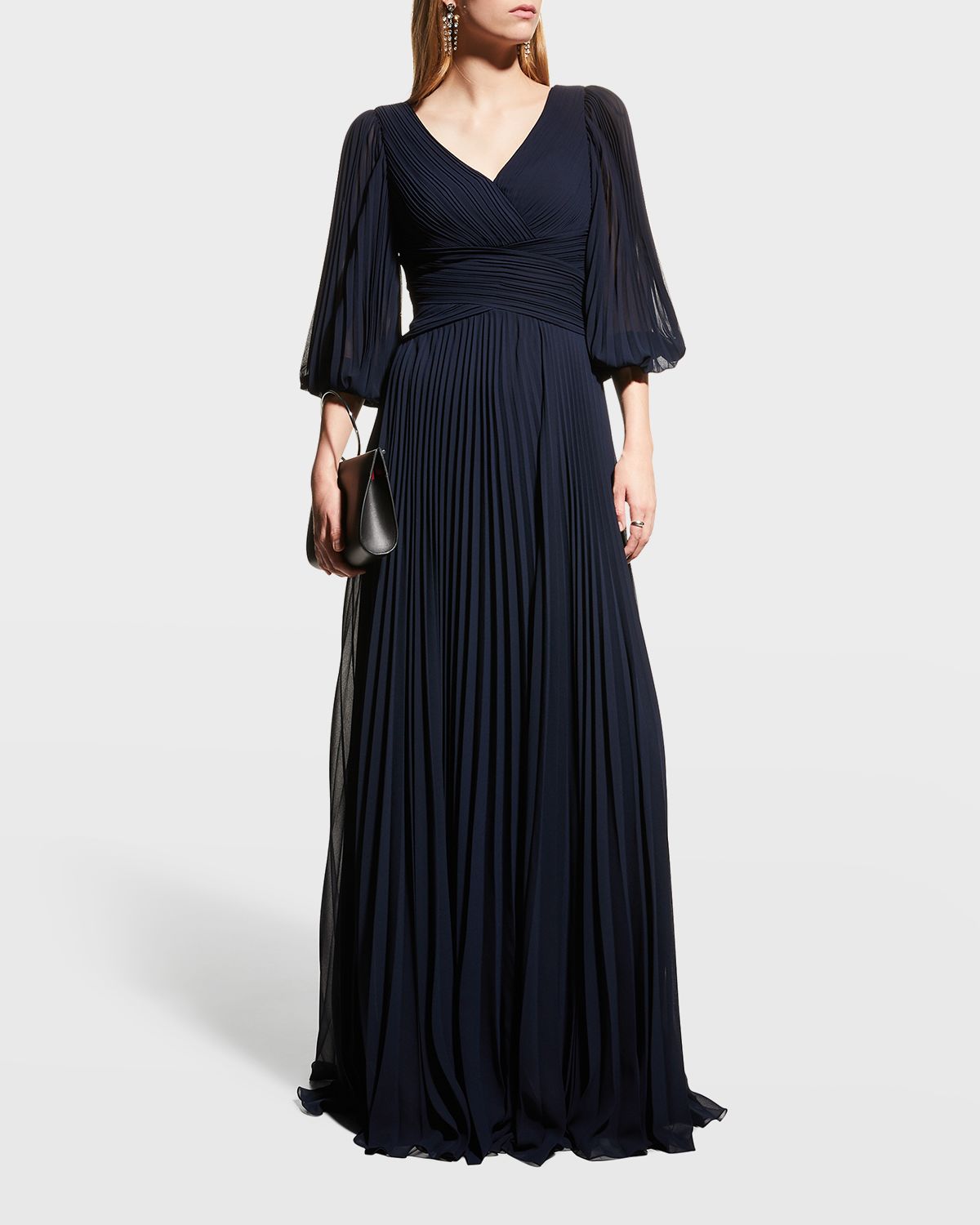 Rickie Freeman for Teri Jon V-Neck Puff-Sleeve Pleated Chiffon Gown | Thumbnail 4