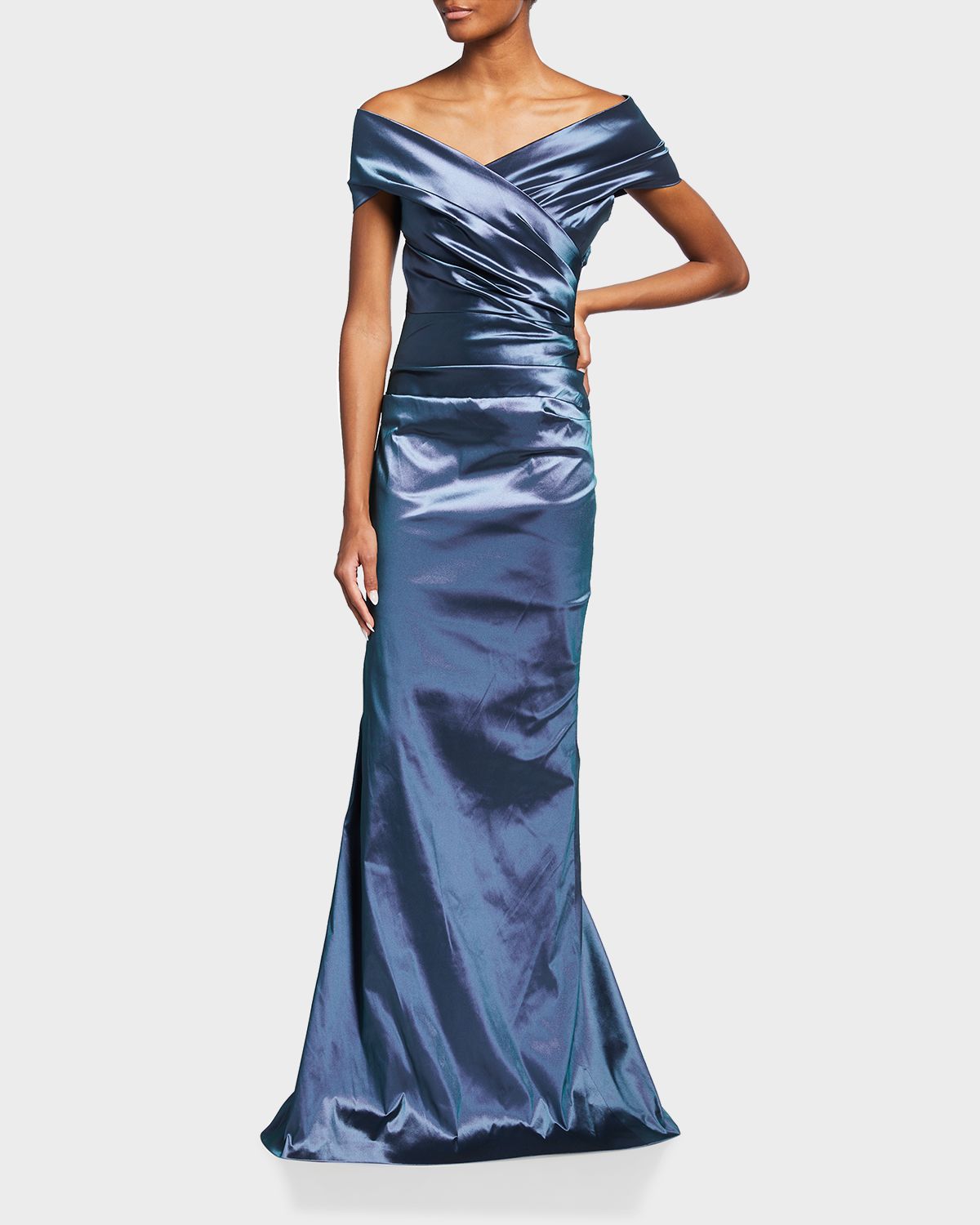 Rickie Freeman for Teri Jon Off-Shoulder Ruched Taffeta Gown
