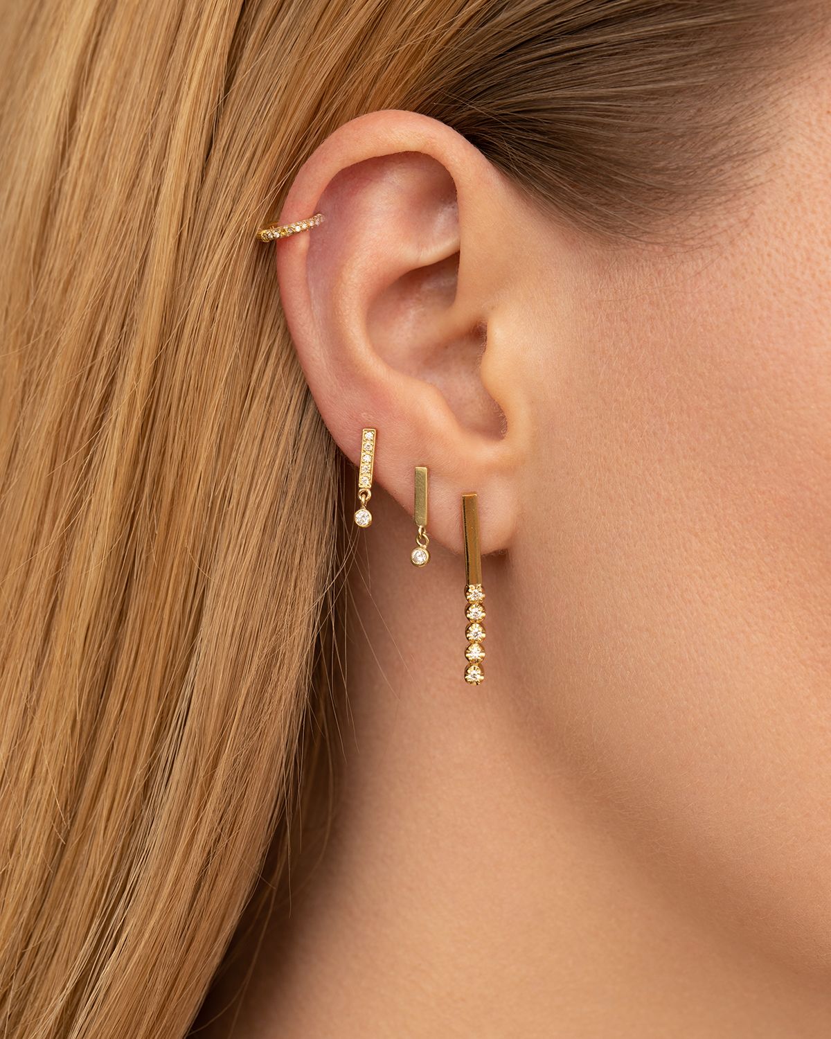 Jennifer Meyer Diamond Bar Stud Mini Bezel Drop Earrings