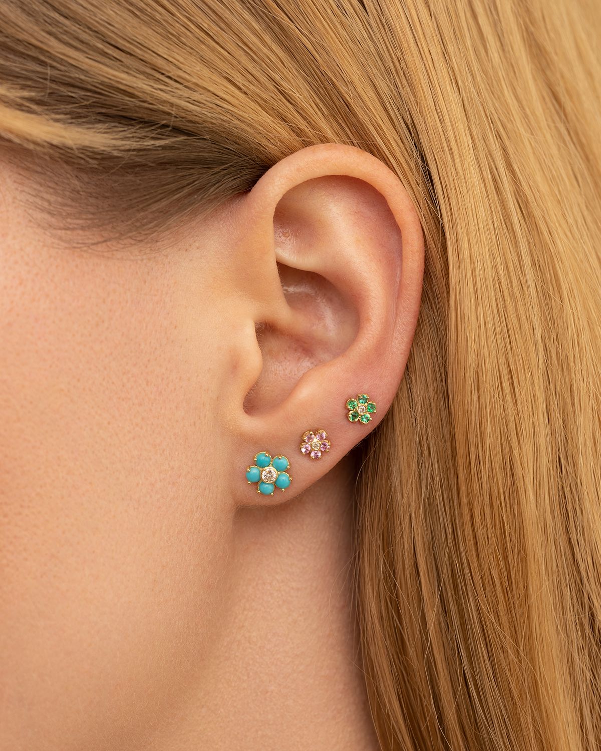 Jennifer Meyer Large Diamond Center Flower Stud Earrings with Turquoise