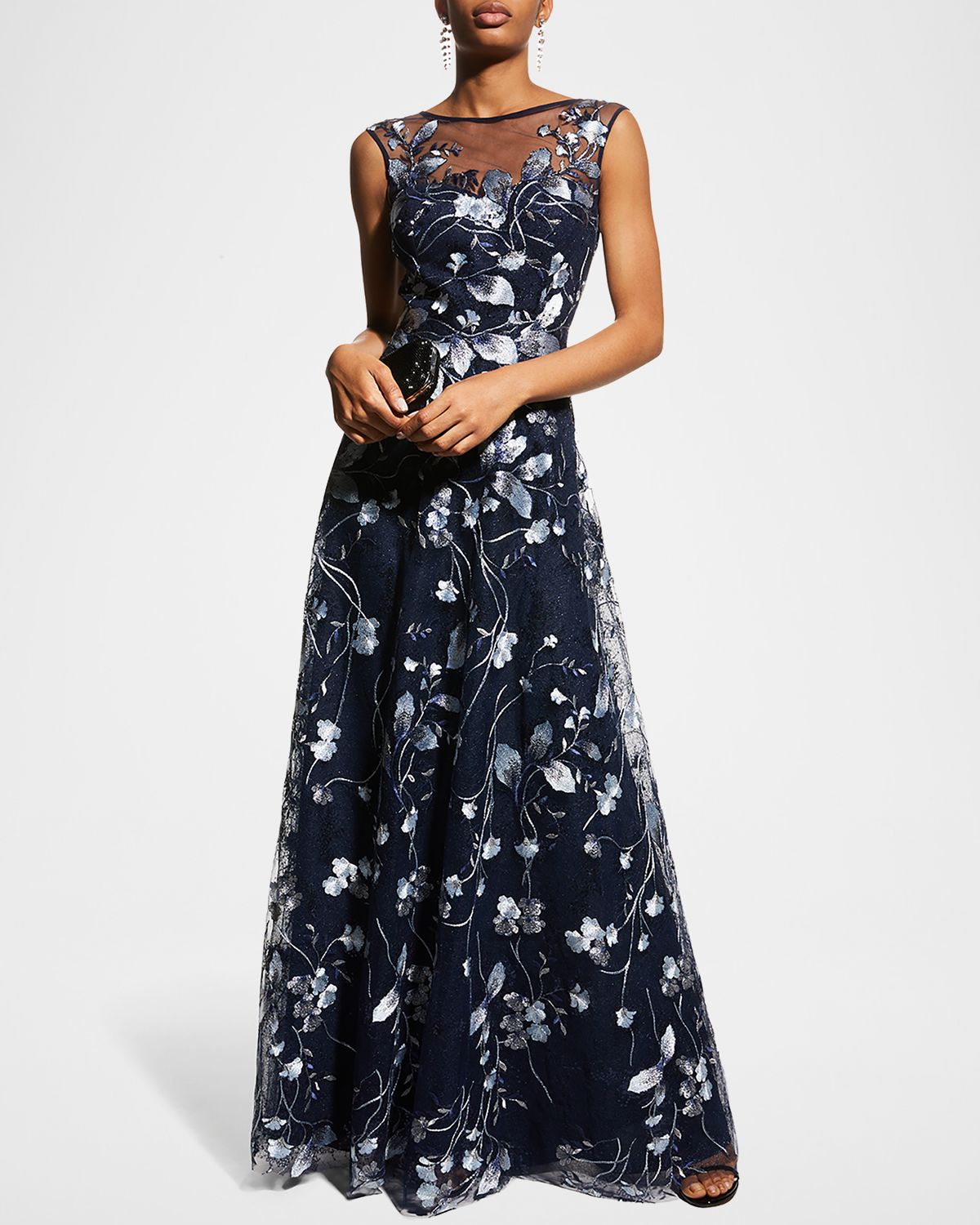Rickie Freeman for Teri Jon Cap-Sleeve Embroidered Tulle A-Line Gown