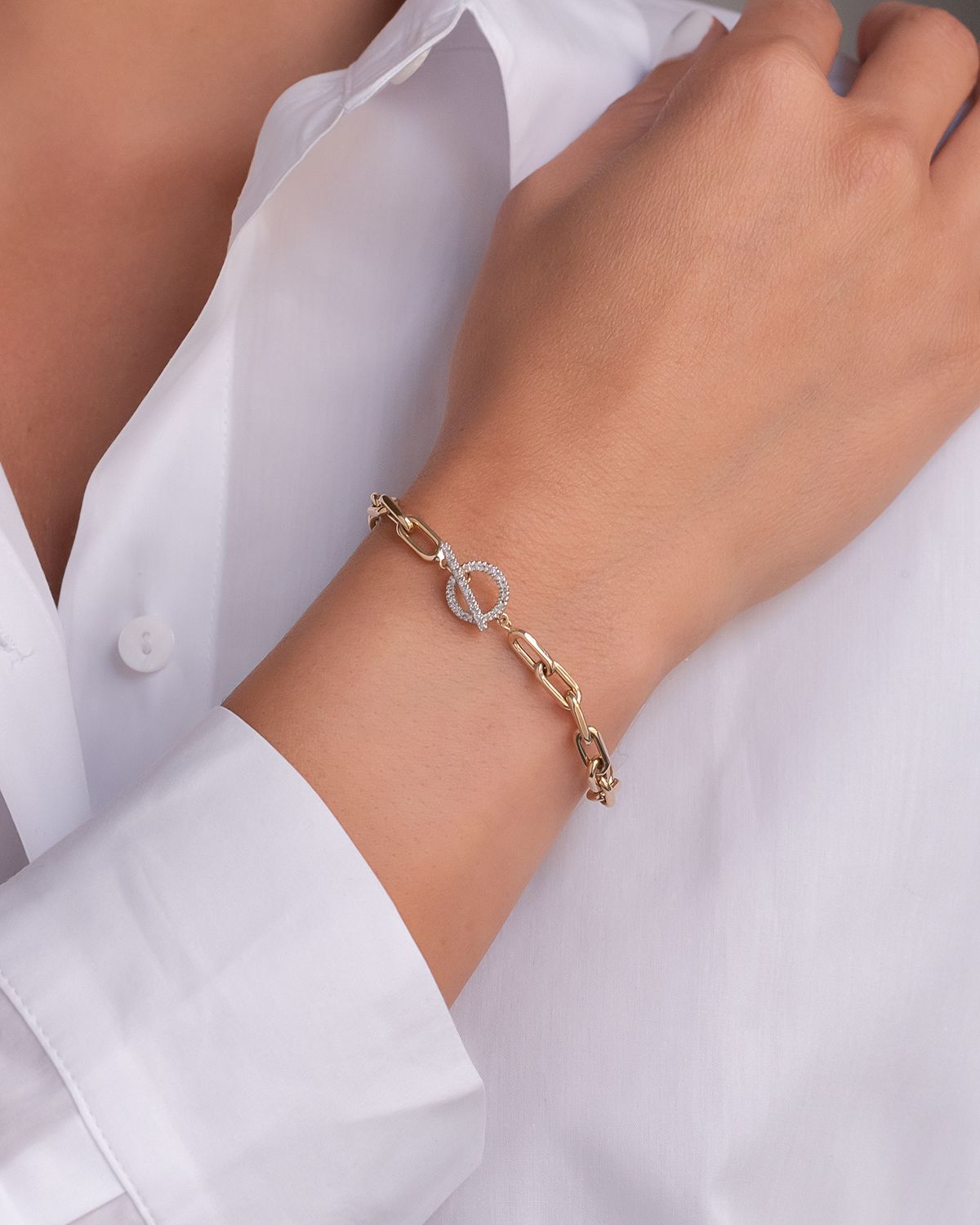 Zoe Lev Jewelry 14k Gold Open-Link Chain Bracelet w/ Diamond Toggle