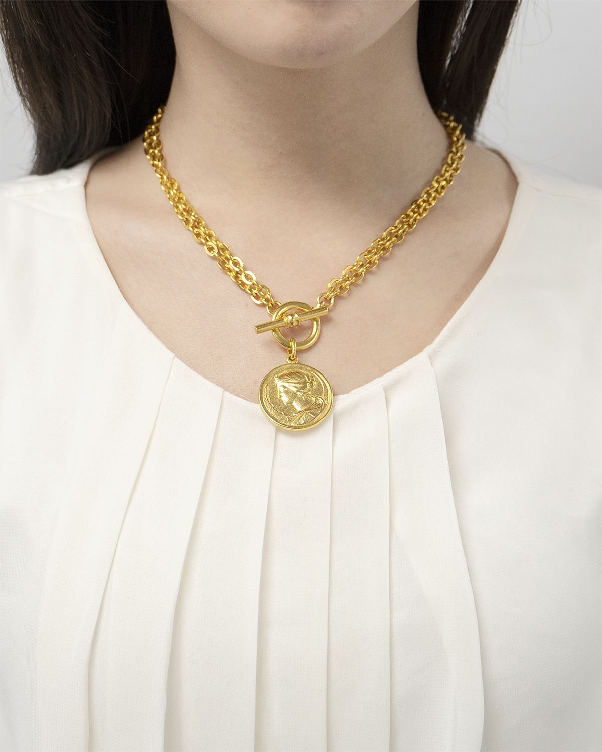 Ben-Amun Gold Two-Row Chain Necklace w/ Coin Pendant