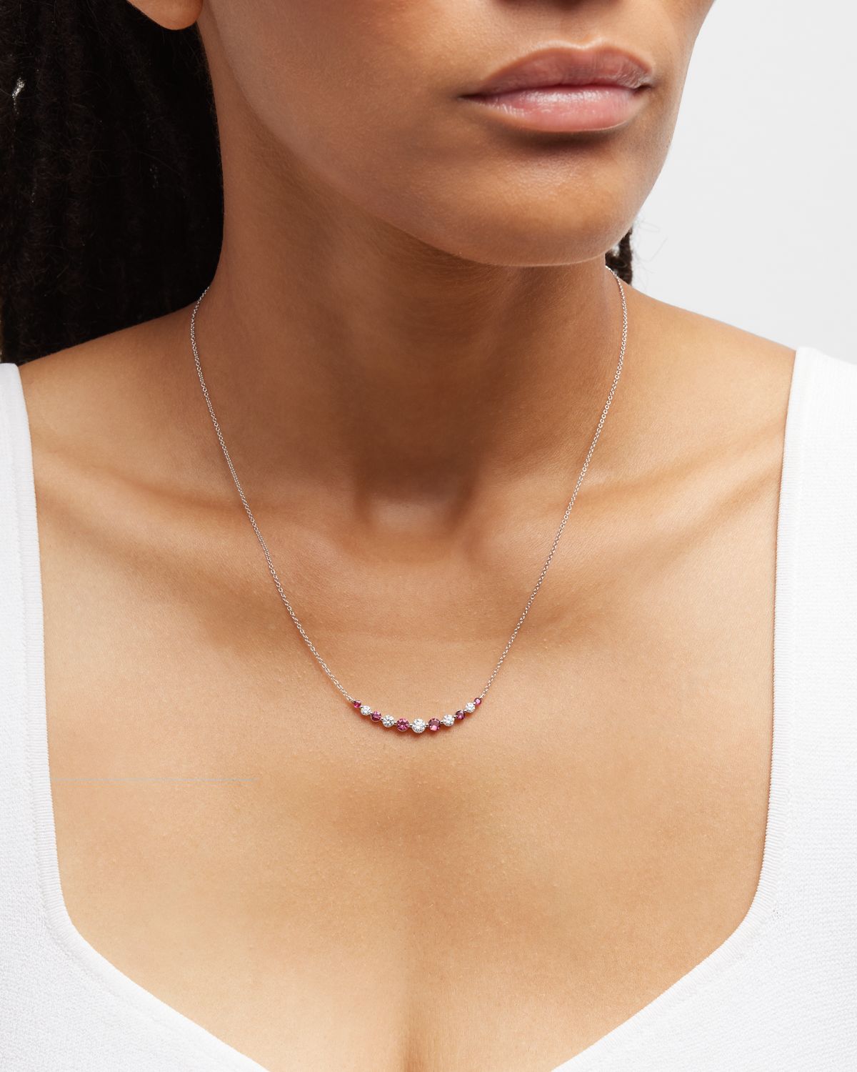 Neiman Marcus Diamonds 18K White Gold Round Ruby and Round Diamond GH/SI1 Smily Necklace, 18"L, 1.13tcw