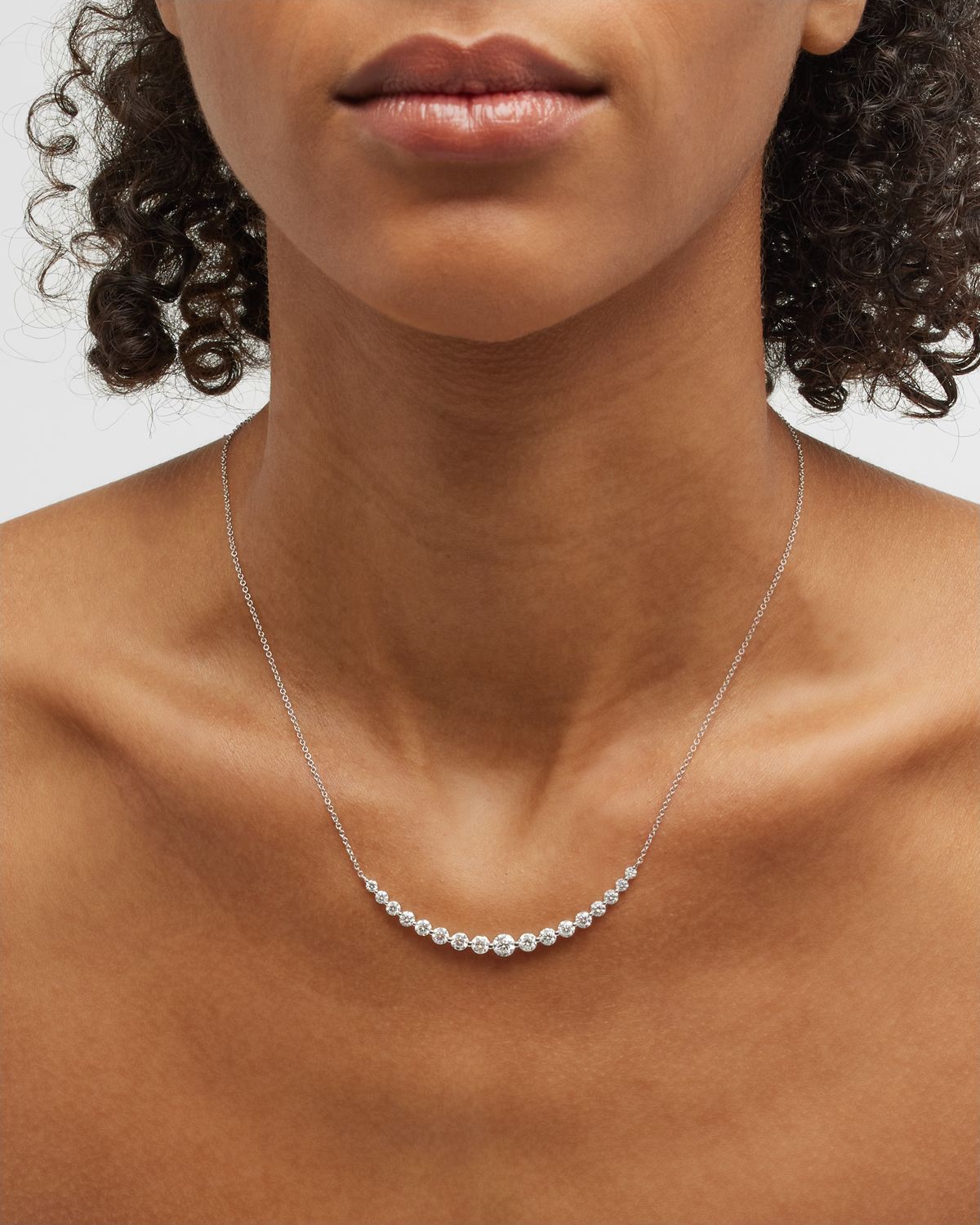 Neiman Marcus Diamonds 18k White Gold 17 Round Diamond Smiley Bar Necklace, 16"L, 2.49tcw