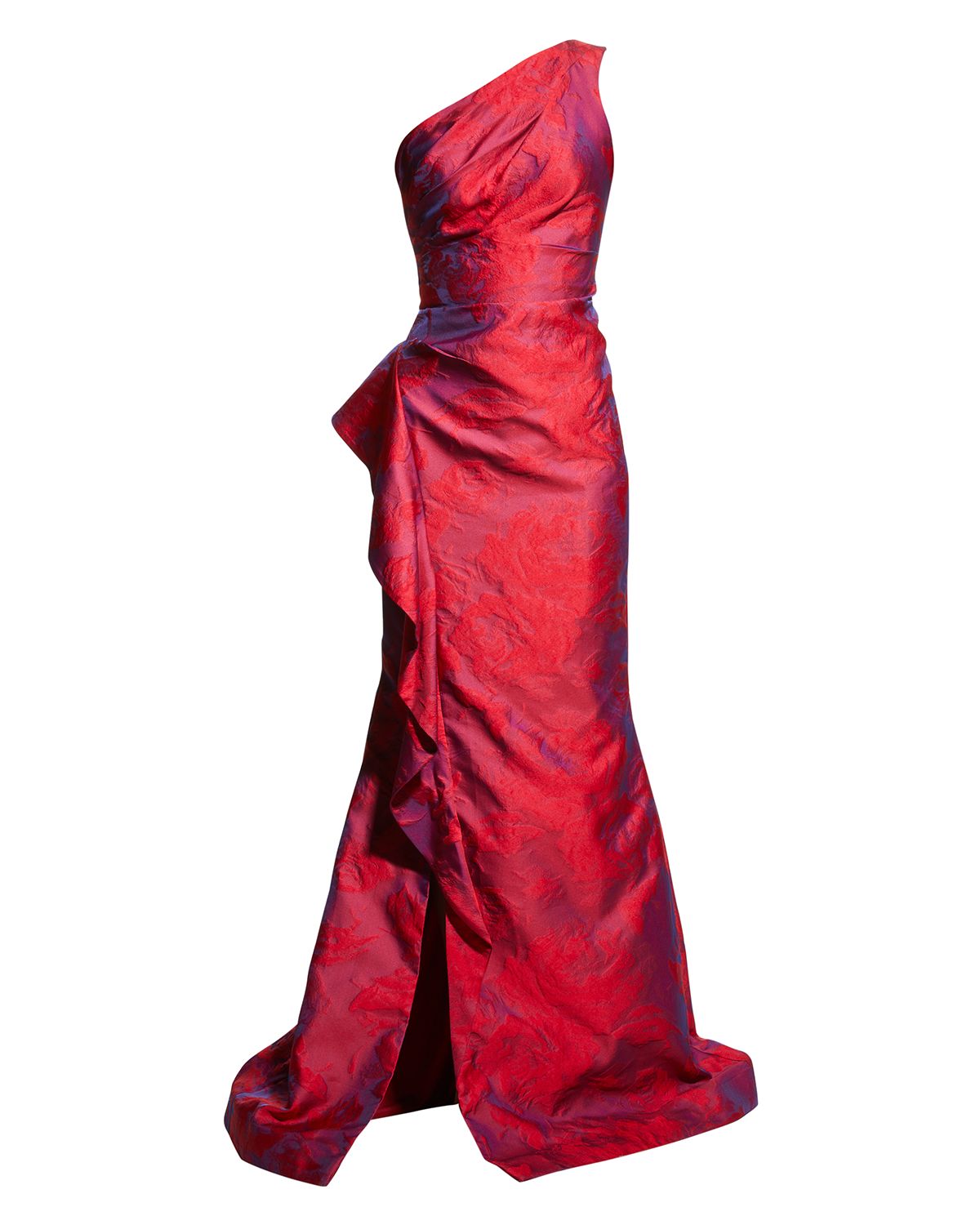 Rickie Freeman for Teri Jon One-Shoulder Side-Ruffle Gown