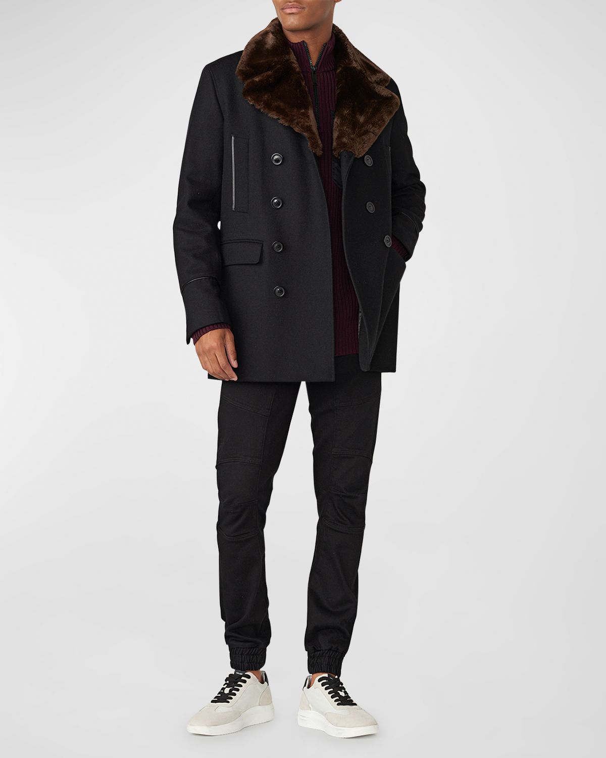 Karl Lagerfeld Paris Men 's Wool Peacoat w/ Faux Fur Collar | Thumbnail 4 Karl Lagerfeld Paris Men 's Wool Peacoat w/ Faux Fur Collar | Thumbnail 4