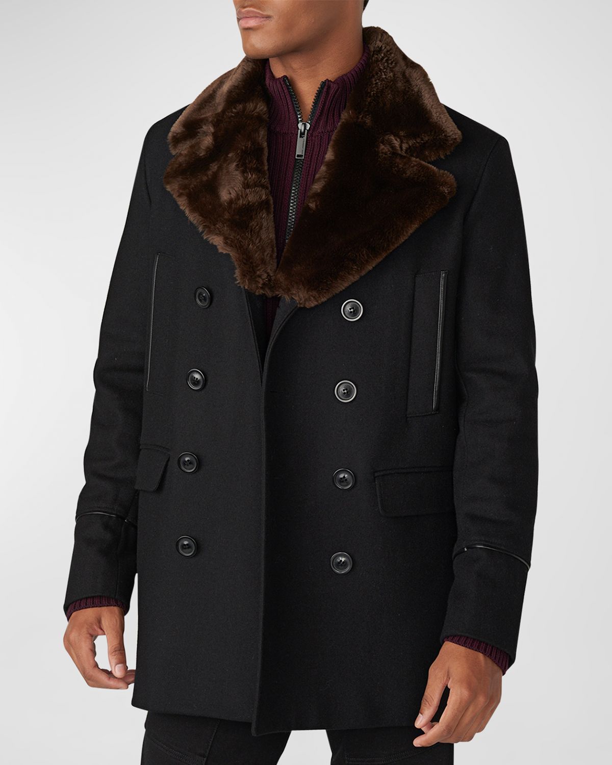 Karl Lagerfeld Paris Men 's Wool Peacoat w/ Faux Fur Collar