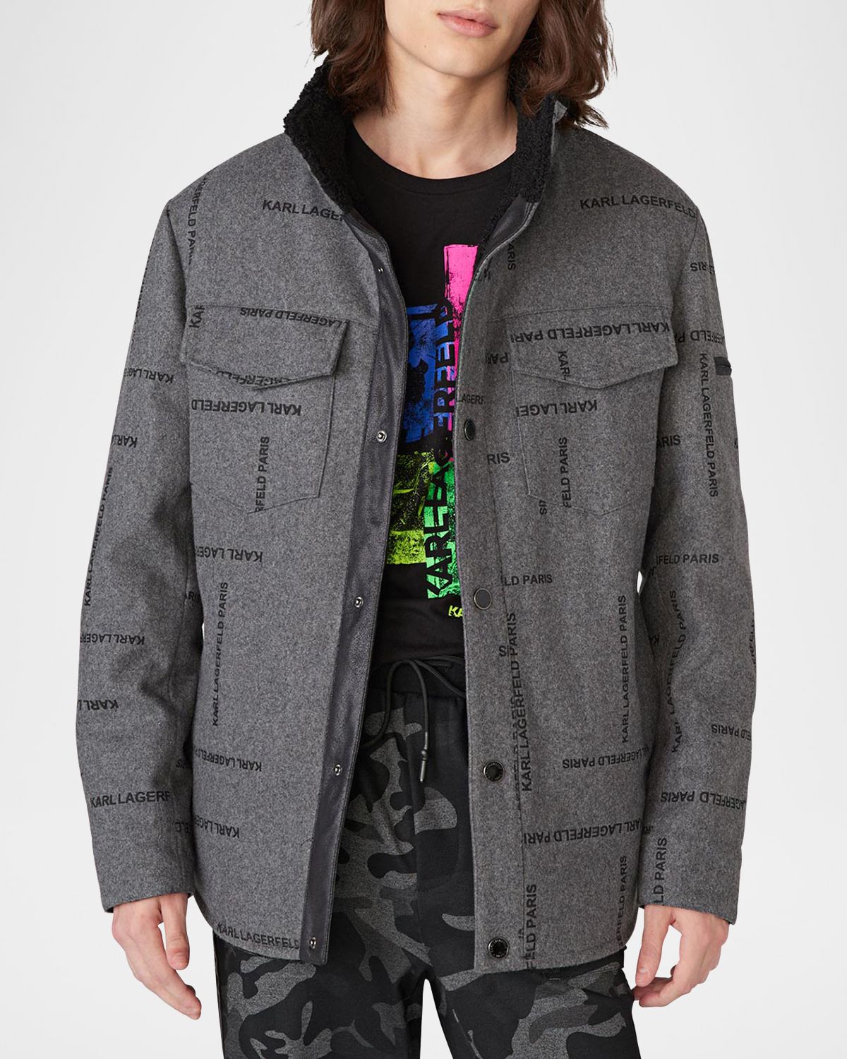 Karl Lagerfeld Paris Men 's Sherpa-Lined Logo Shirt Jacket