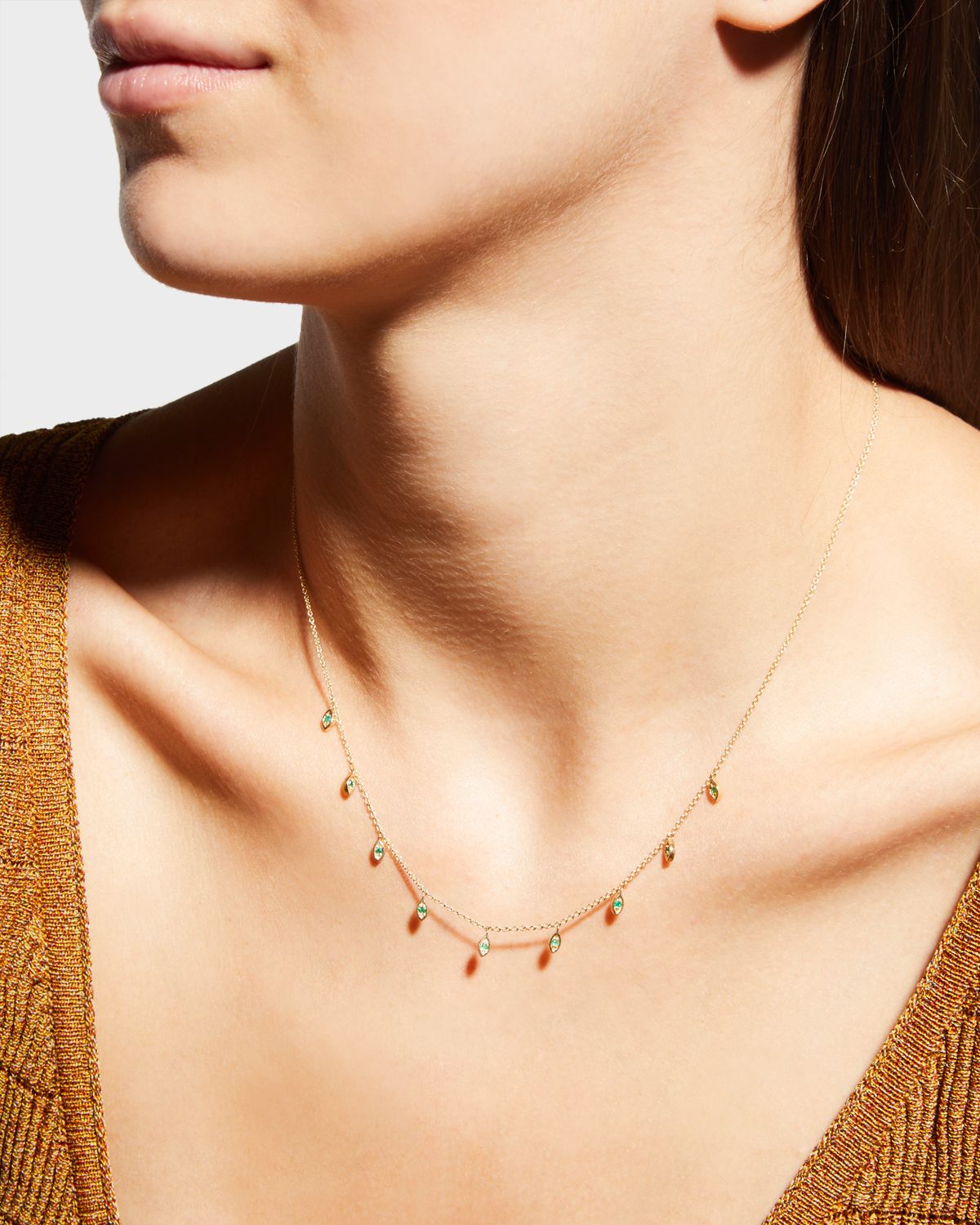 Sydney Evan Yellow Gold Emerald Marquise Evil Eye Fringe Necklace